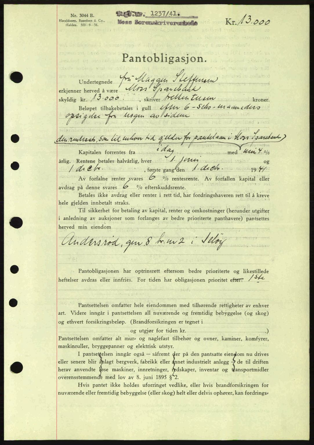 Moss sorenskriveri, SAO/A-10168: Mortgage book no. B10, 1940-1941, Diary no: : 1237/1941