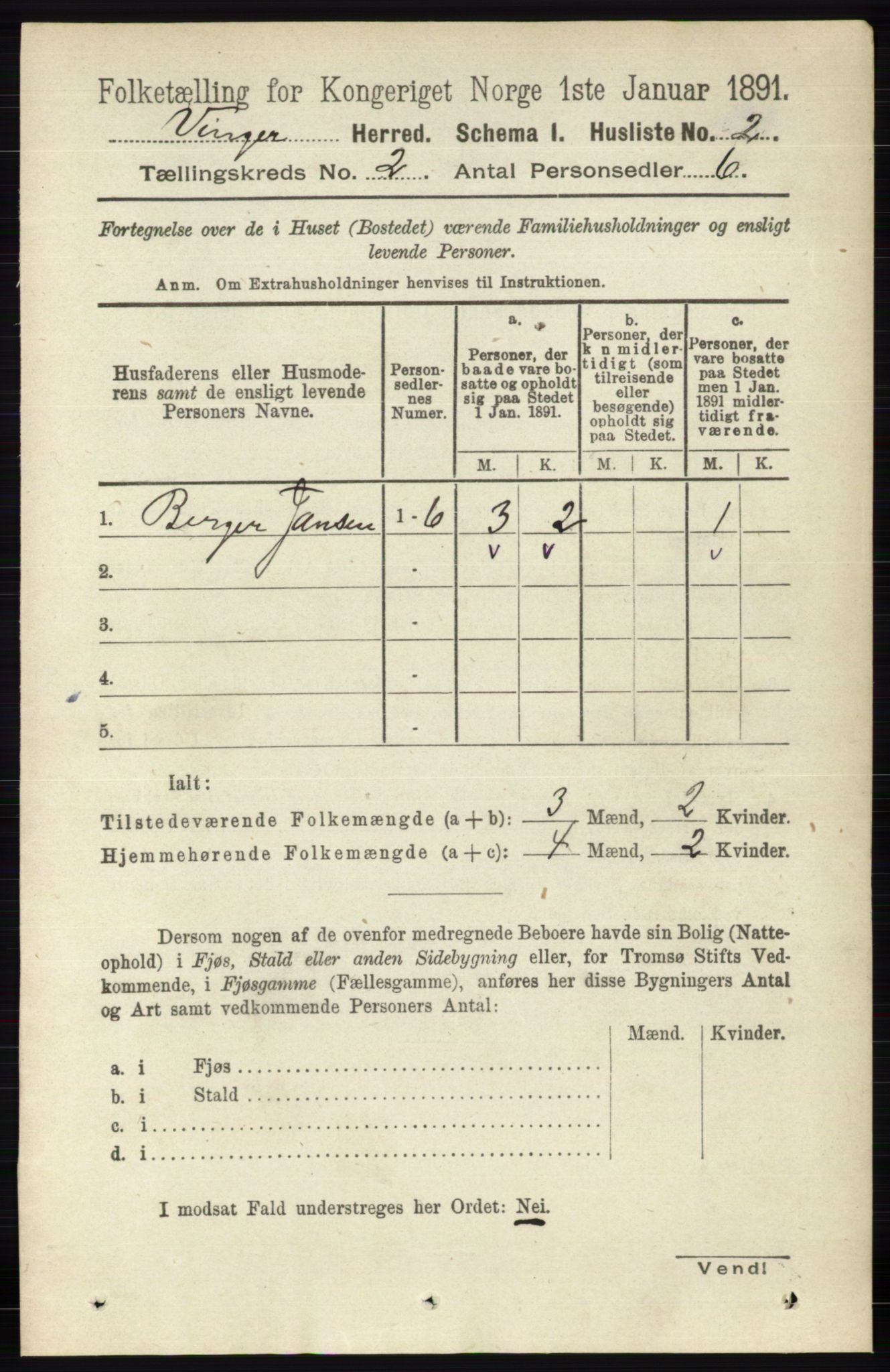 RA, 1891 census for 0421 Vinger, 1891, p. 399