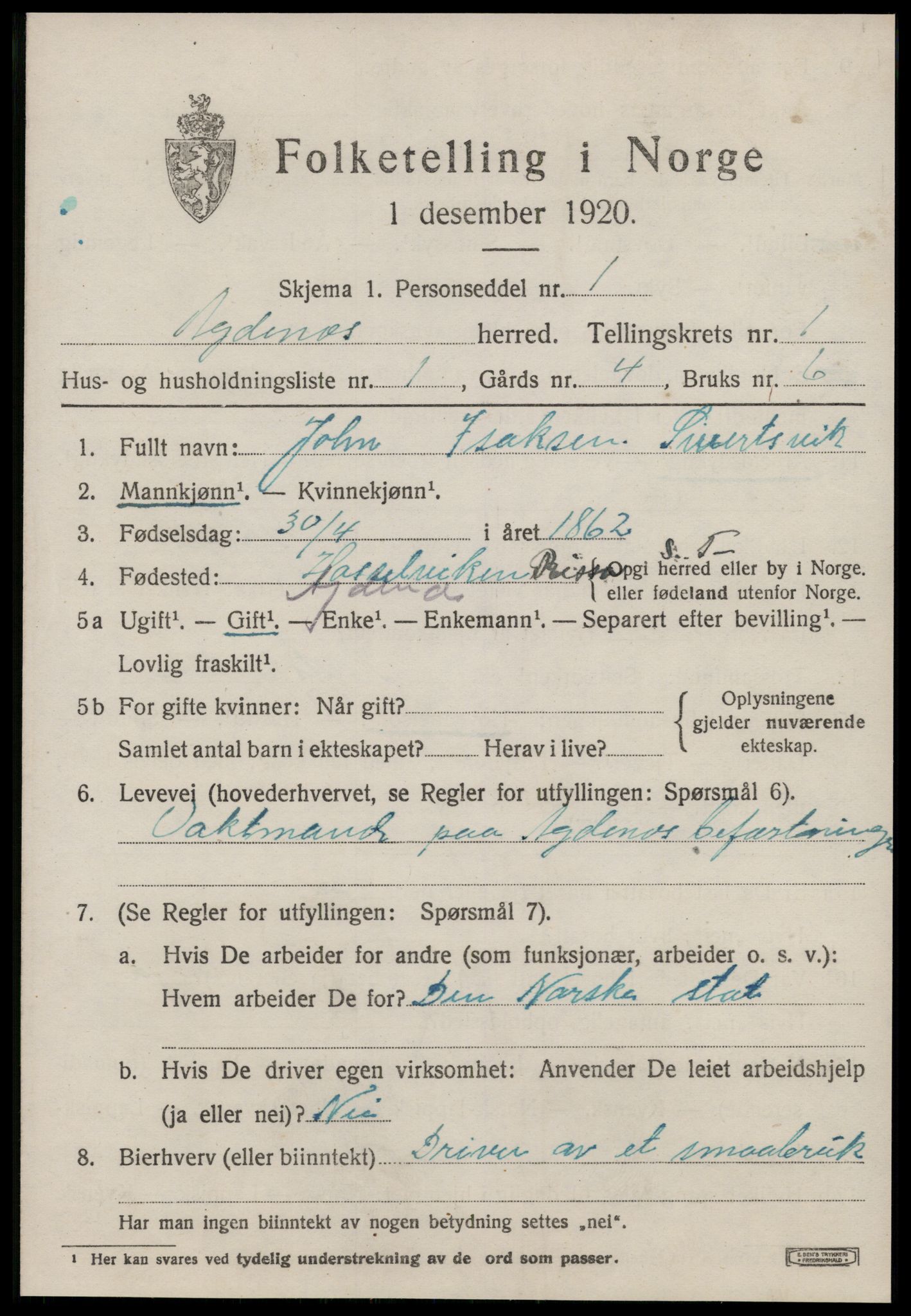 SAT, 1920 census for Agdenes, 1920, p. 501
