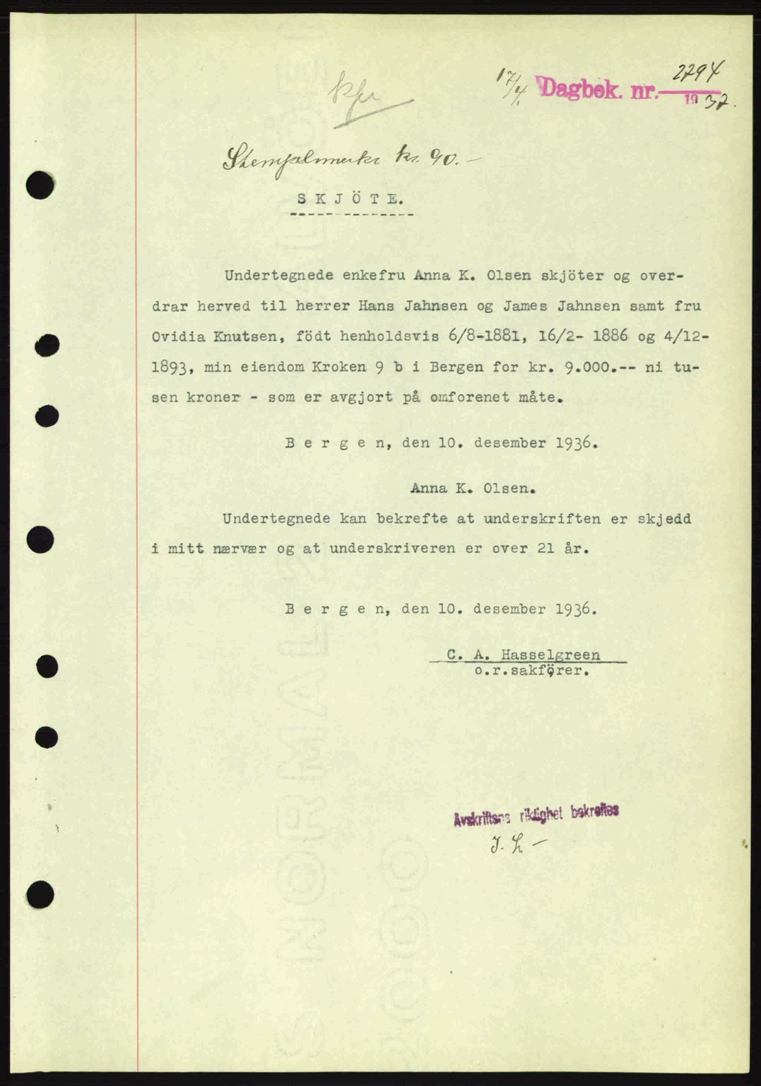 Byfogd og Byskriver i Bergen, SAB/A-3401/03/03Bc/L0004: Mortgage book no. A3-4, 1936-1937, Diary no: : 2794/1937