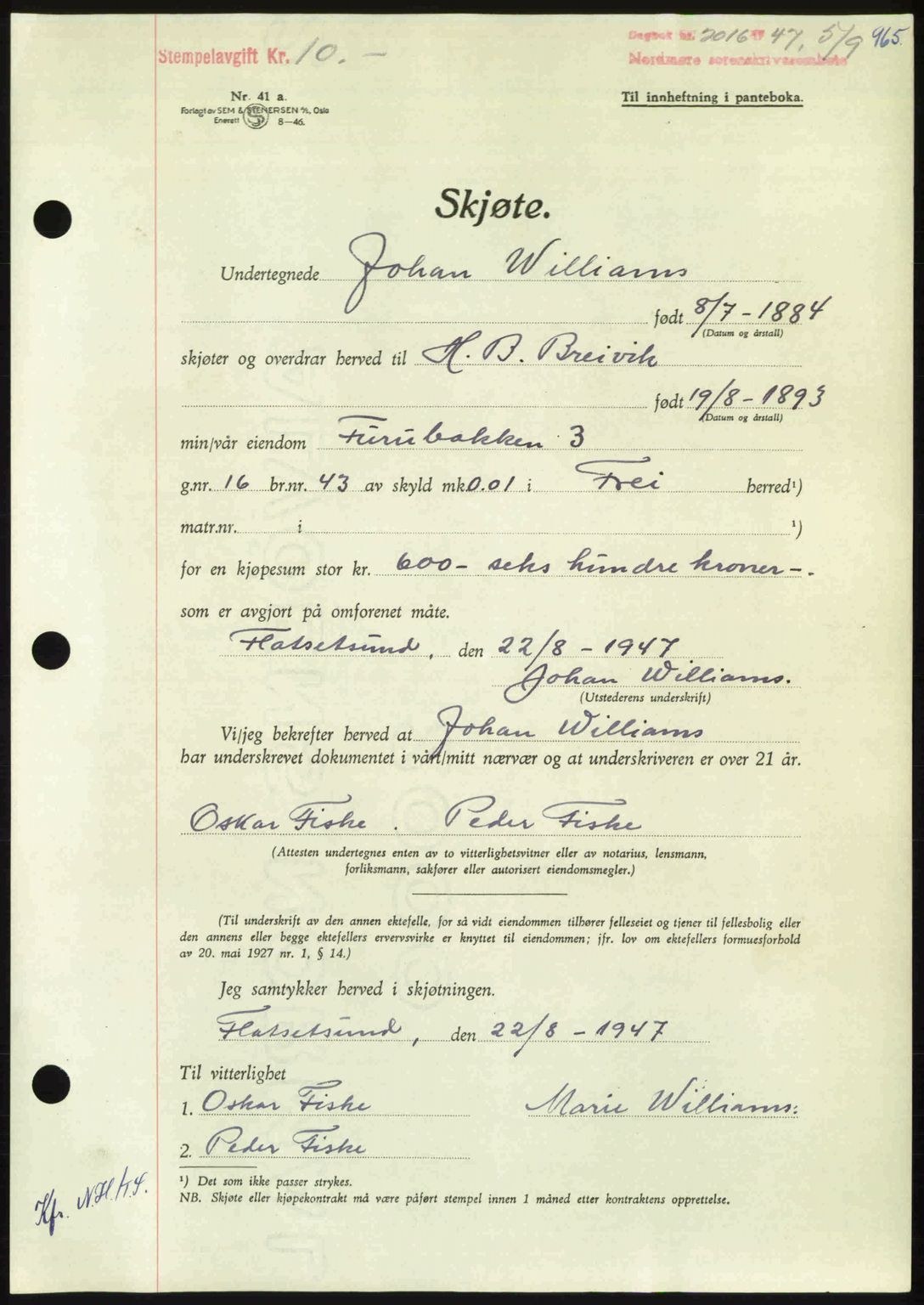 Nordmøre sorenskriveri, AV/SAT-A-4132/1/2/2Ca: Mortgage book no. A105, 1947-1947, Diary no: : 2016/1947