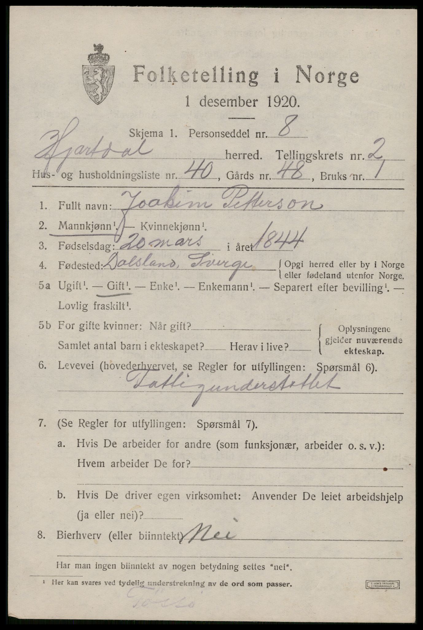 SAKO, 1920 census for Hjartdal, 1920, p. 2250