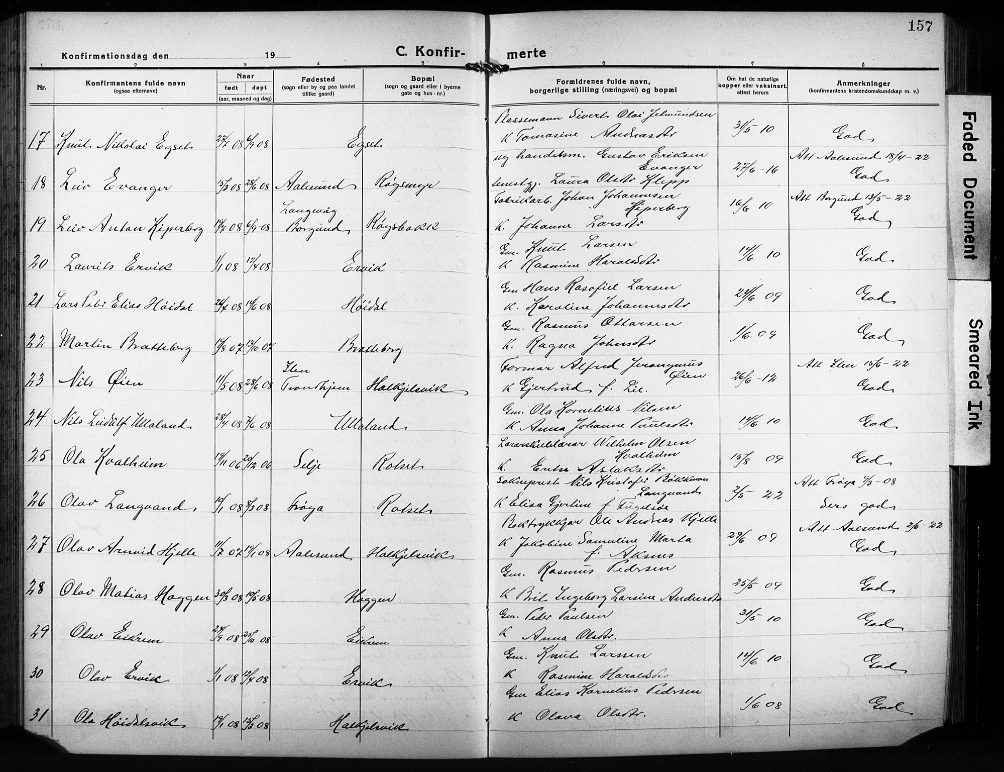 Ministerialprotokoller, klokkerbøker og fødselsregistre - Møre og Romsdal, SAT/A-1454/511/L0160: Parish register (copy) no. 511C06, 1920-1932, p. 157
