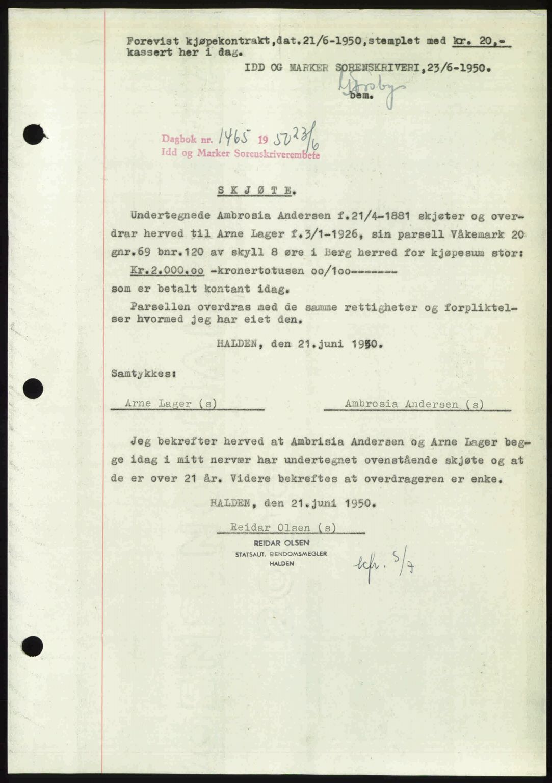 Idd og Marker sorenskriveri, AV/SAO-A-10283/G/Gb/Gbb/L0014: Mortgage book no. A14, 1950-1950, Diary no: : 1465/1950