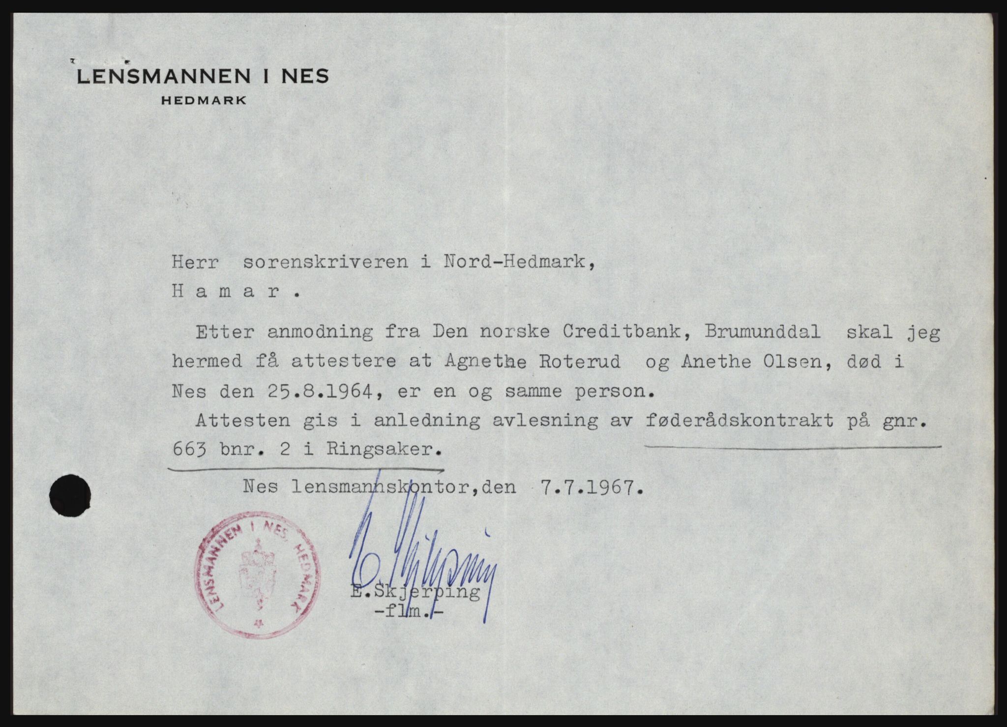 Nord-Hedmark sorenskriveri, SAH/TING-012/H/Hc/L0026: Mortgage book no. 26, 1967-1967, Diary no: : 3148/1967