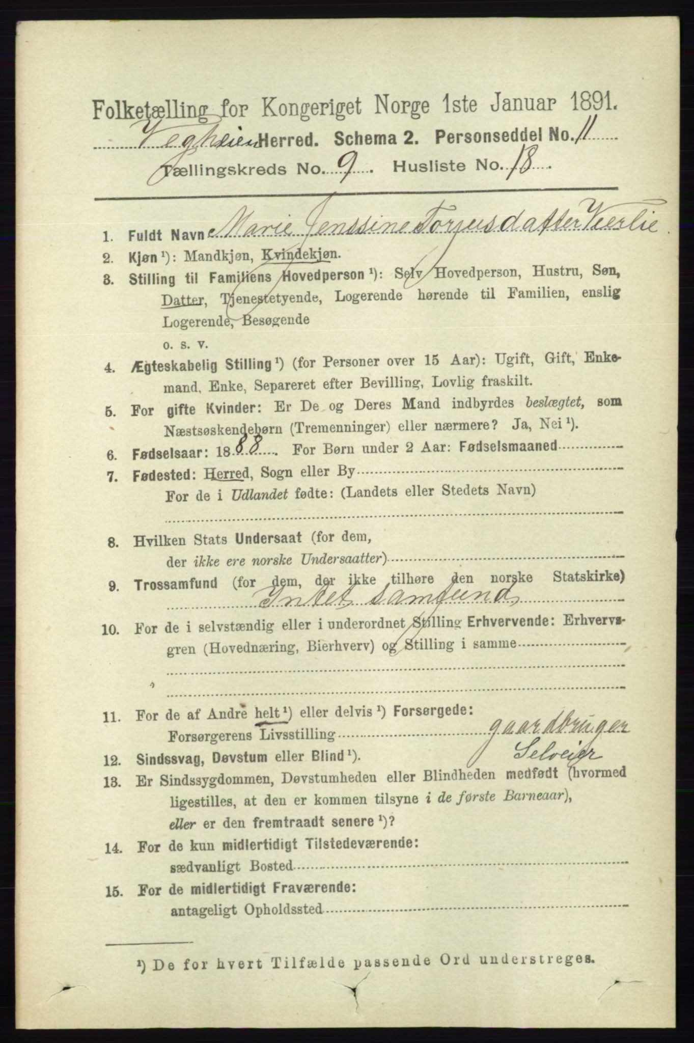 RA, 1891 census for 0912 Vegårshei, 1891, p. 1861