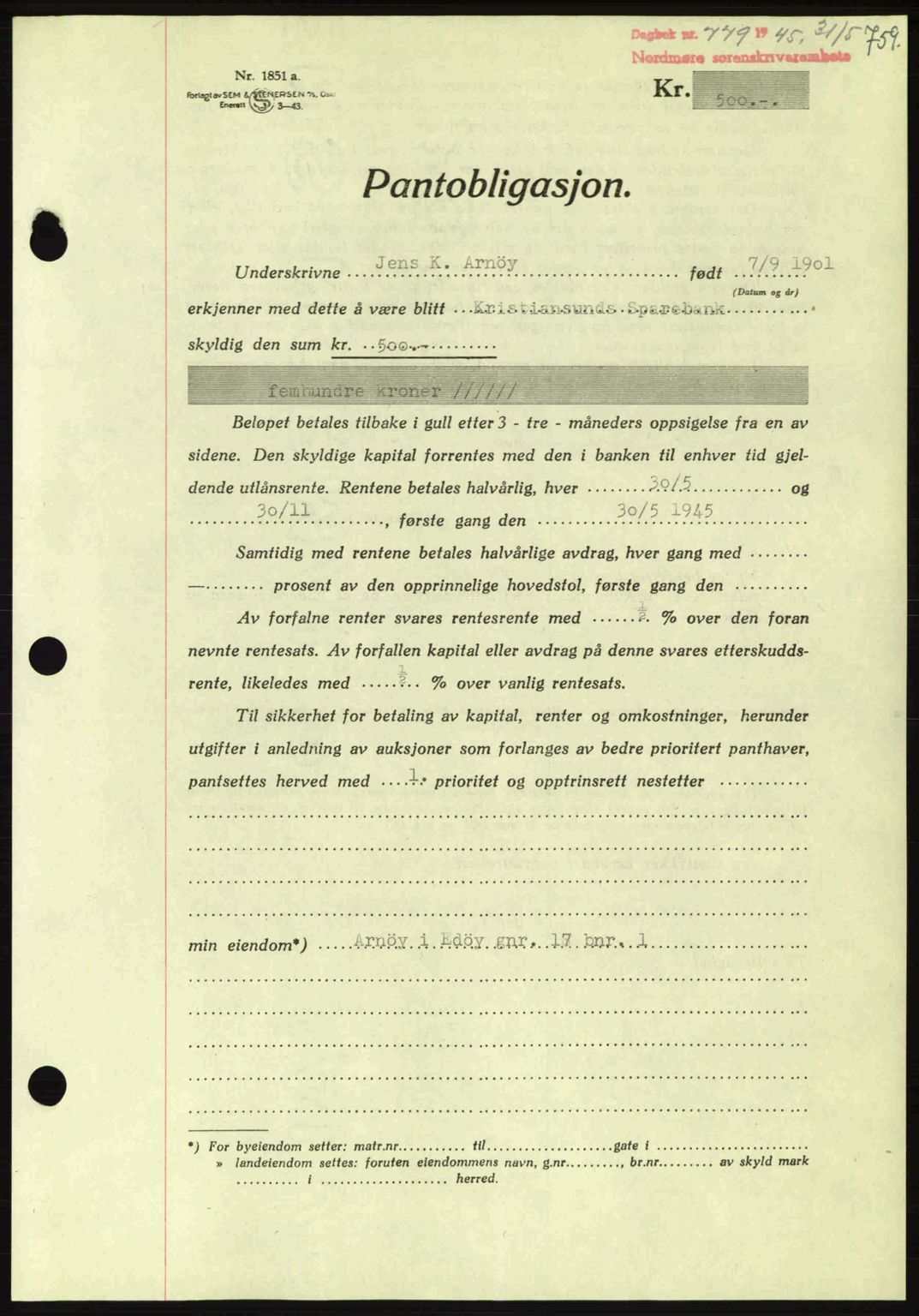 Nordmøre sorenskriveri, AV/SAT-A-4132/1/2/2Ca: Mortgage book no. B92, 1944-1945, Diary no: : 779/1945