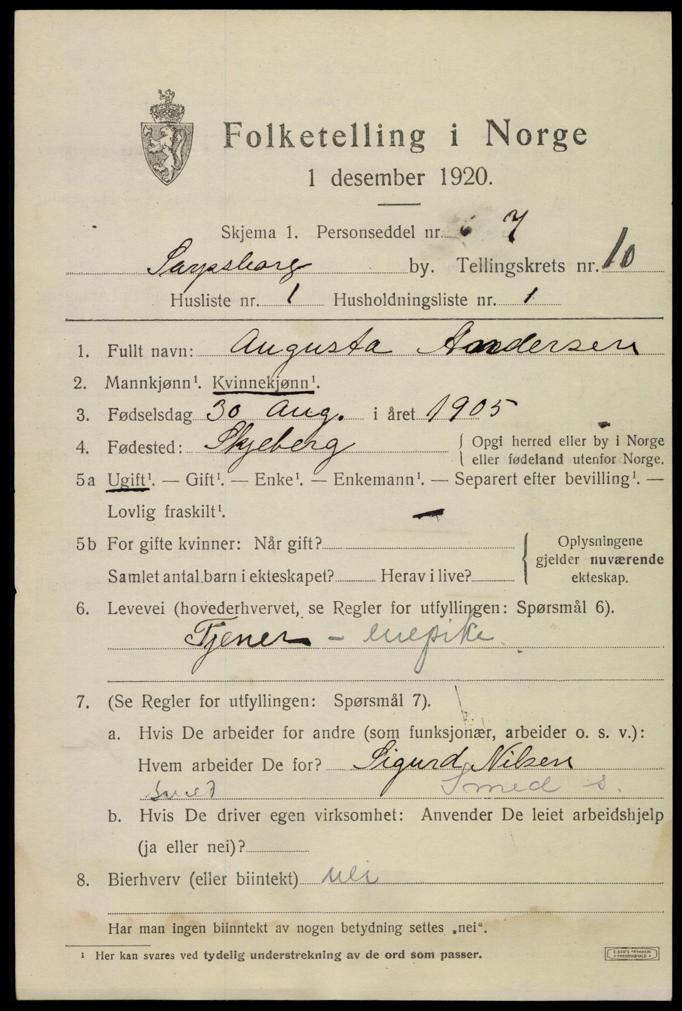 SAO, 1920 census for Sarpsborg, 1920, p. 20750