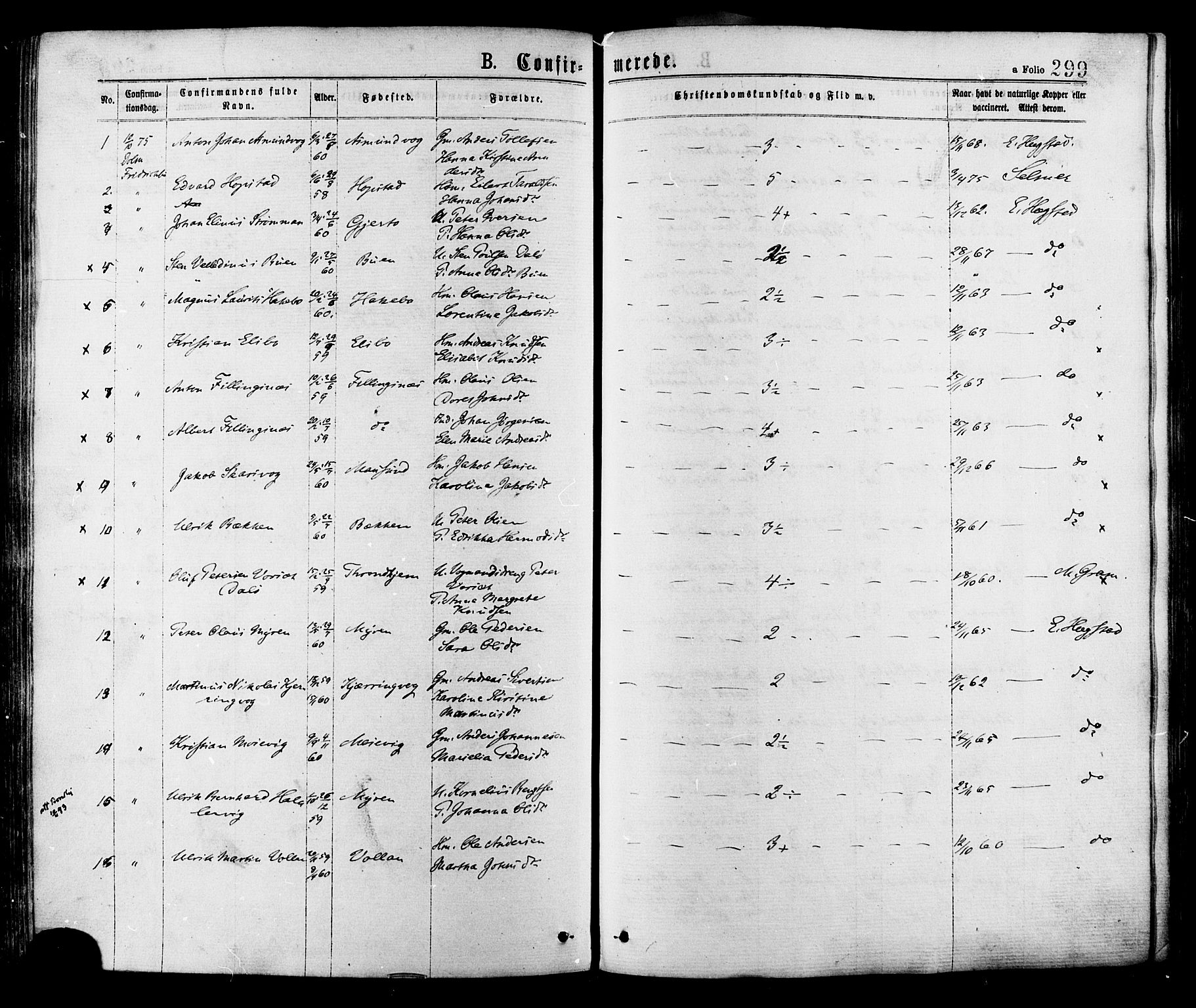 Ministerialprotokoller, klokkerbøker og fødselsregistre - Sør-Trøndelag, AV/SAT-A-1456/634/L0532: Parish register (official) no. 634A08, 1871-1881, p. 299