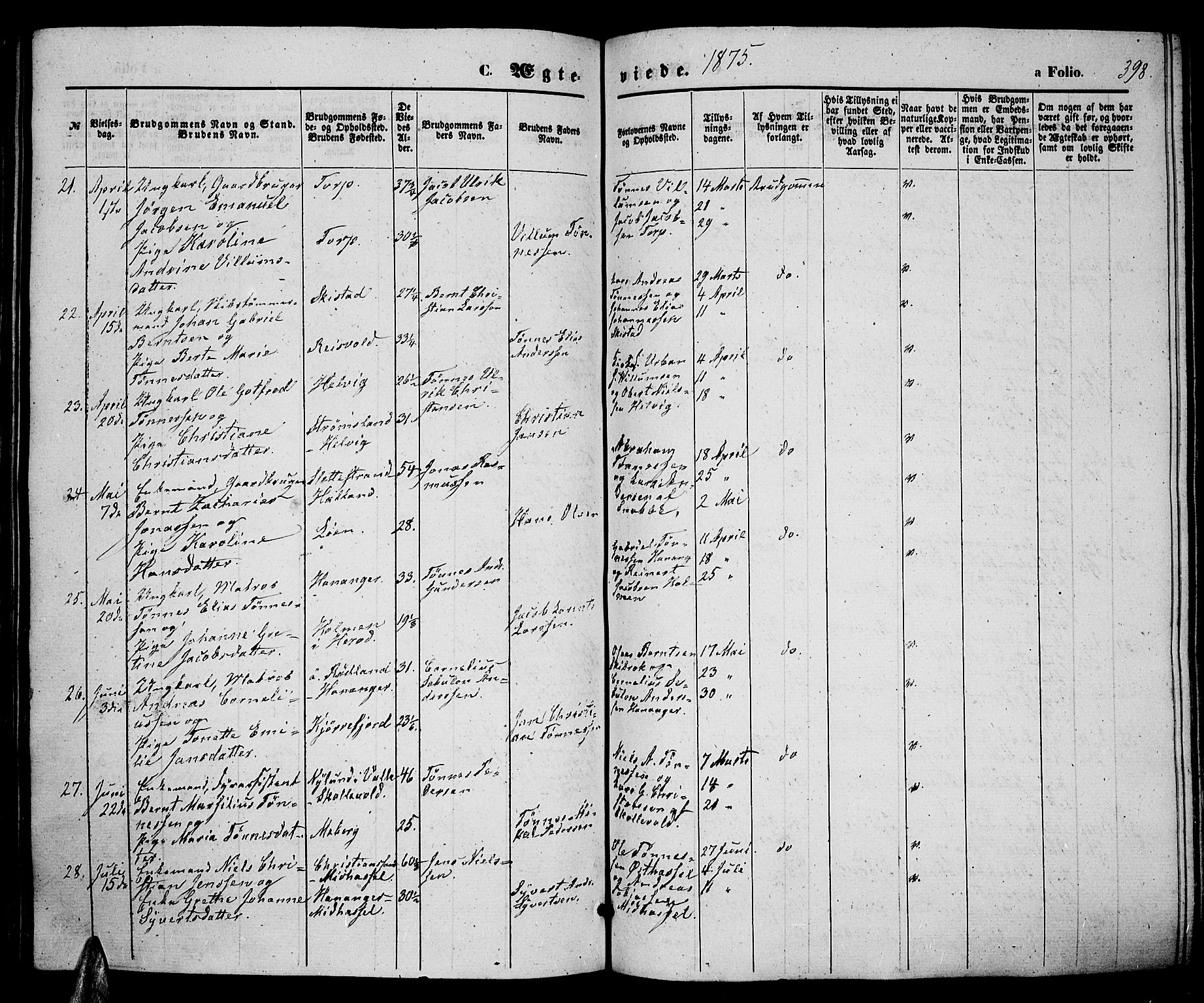 Lista sokneprestkontor, AV/SAK-1111-0027/F/Fb/L0003: Parish register (copy) no. B 3, 1862-1877, p. 398