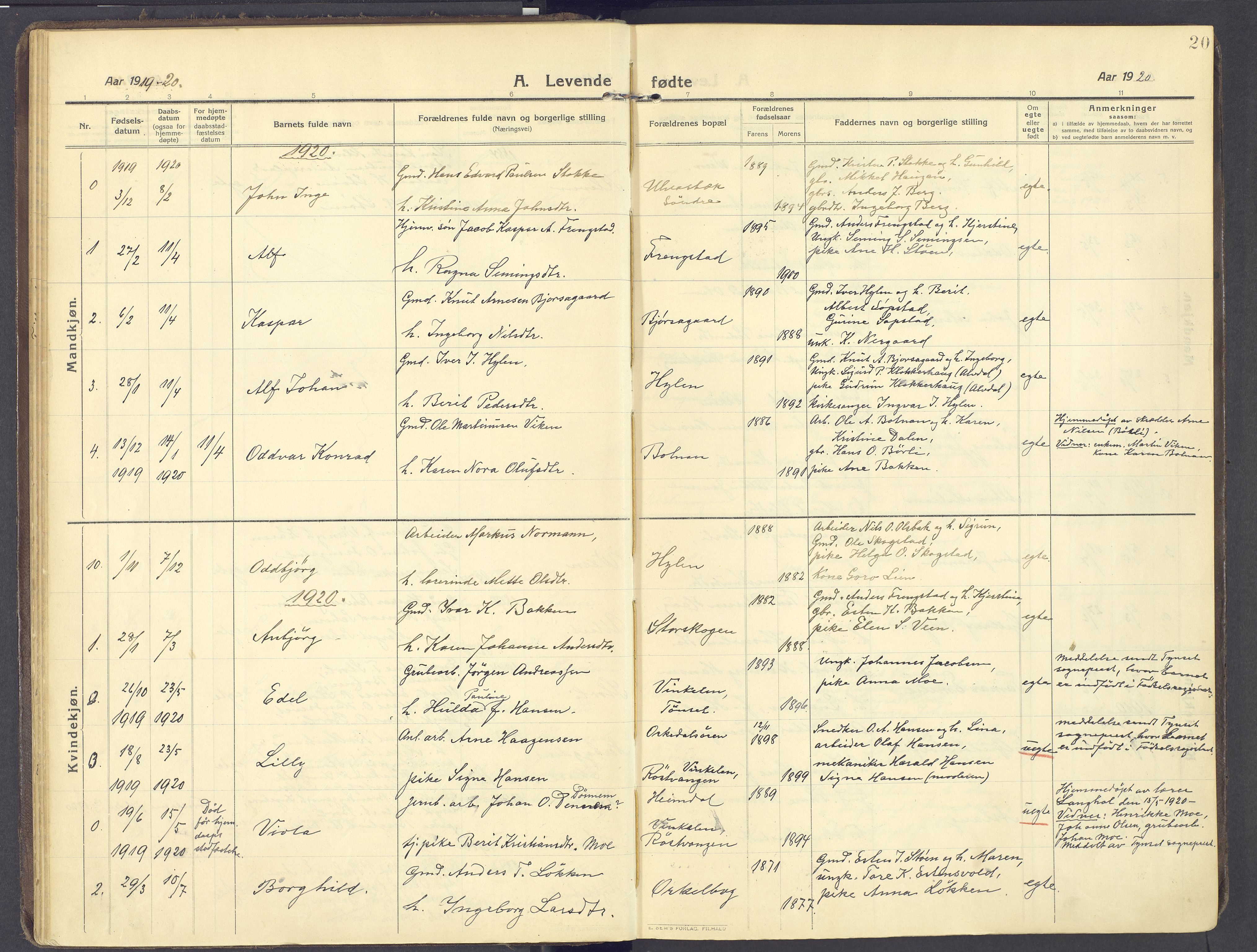 Kvikne prestekontor, AV/SAH-PREST-064/H/Ha/Haa/L0009: Parish register (official) no. 9, 1911-1942, p. 20