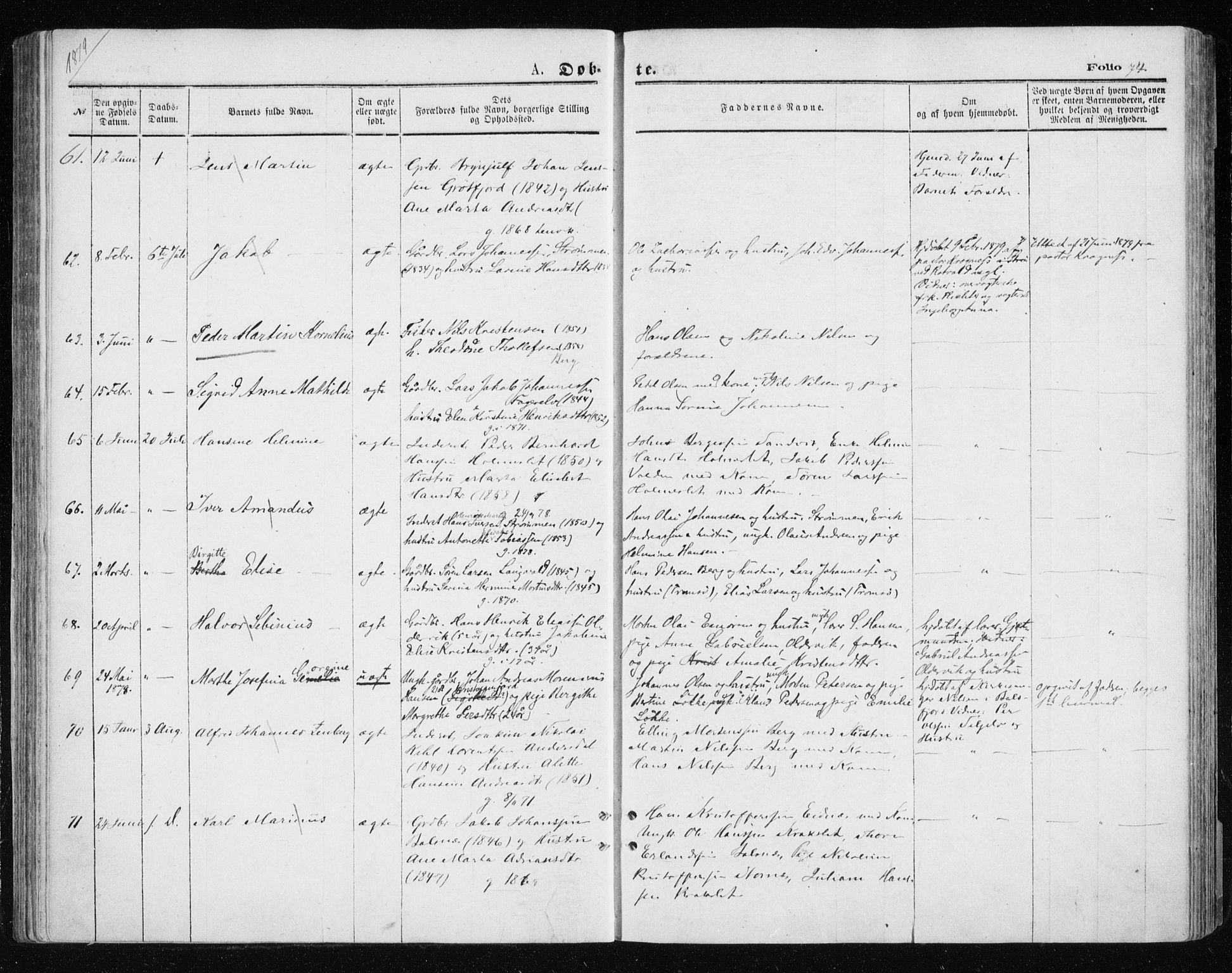 Tromsøysund sokneprestkontor, AV/SATØ-S-1304/G/Ga/L0003kirke: Parish register (official) no. 3, 1875-1880, p. 74