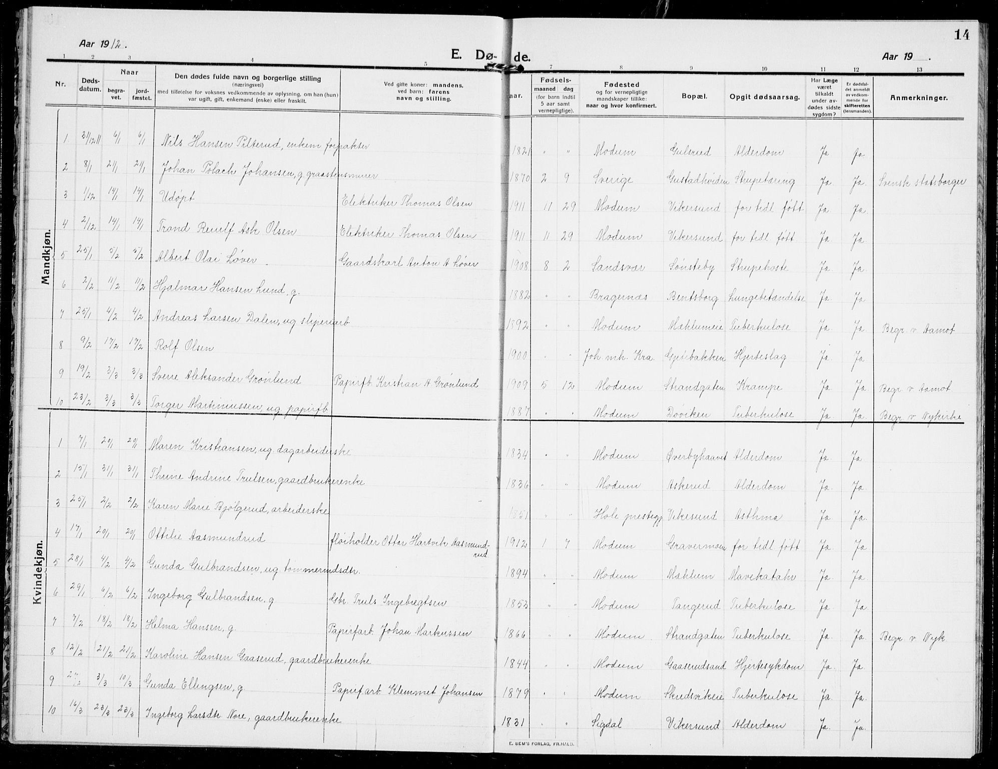 Modum kirkebøker, SAKO/A-234/G/Ga/L0011: Parish register (copy) no. I 11, 1910-1925, p. 14