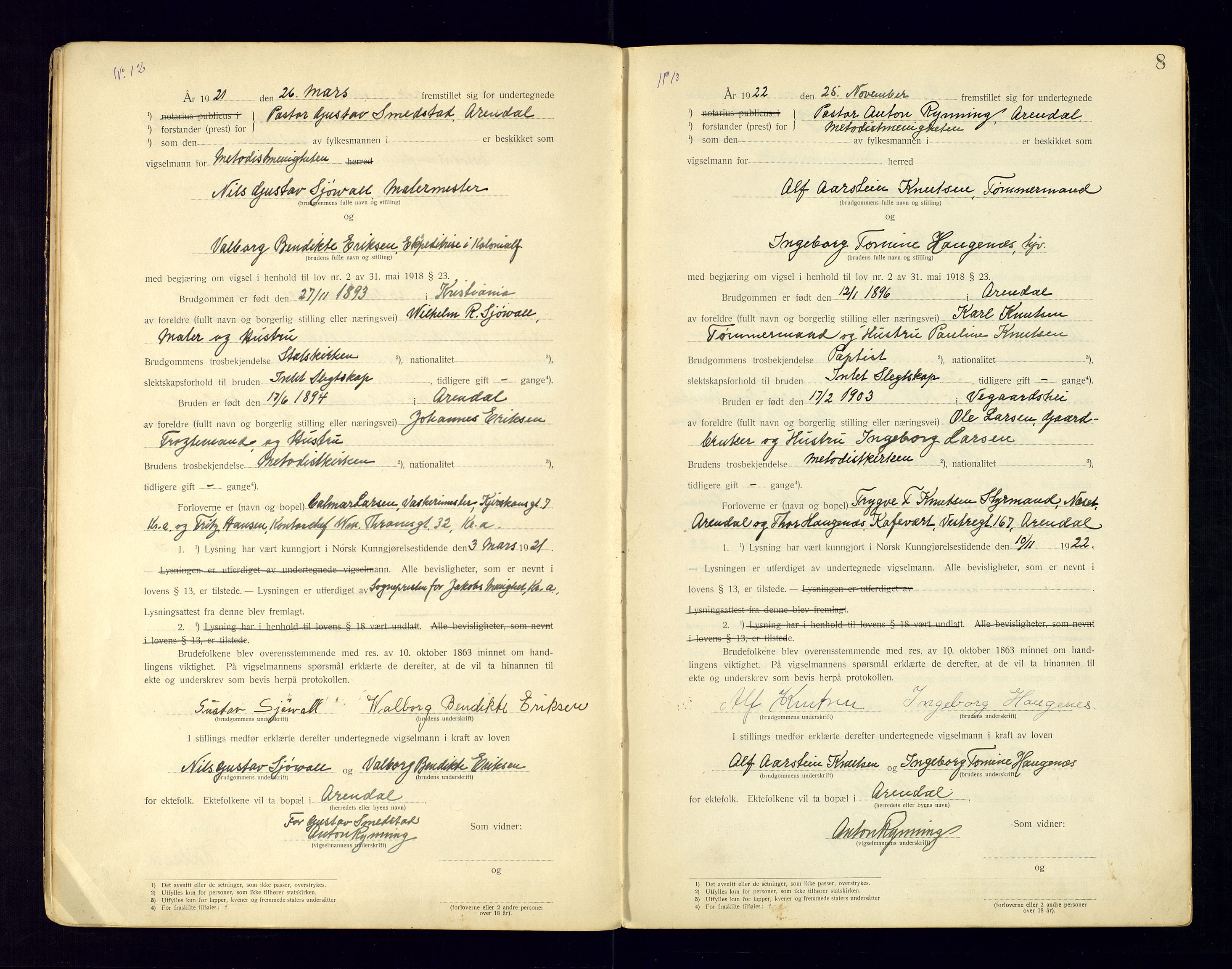 Metodistmenigheten, Arendal, AV/SAK-1292-0011/F/Fc/L0001/0002: Marriage register (dissenter) no. 1.2, 1920-1970, p. 8