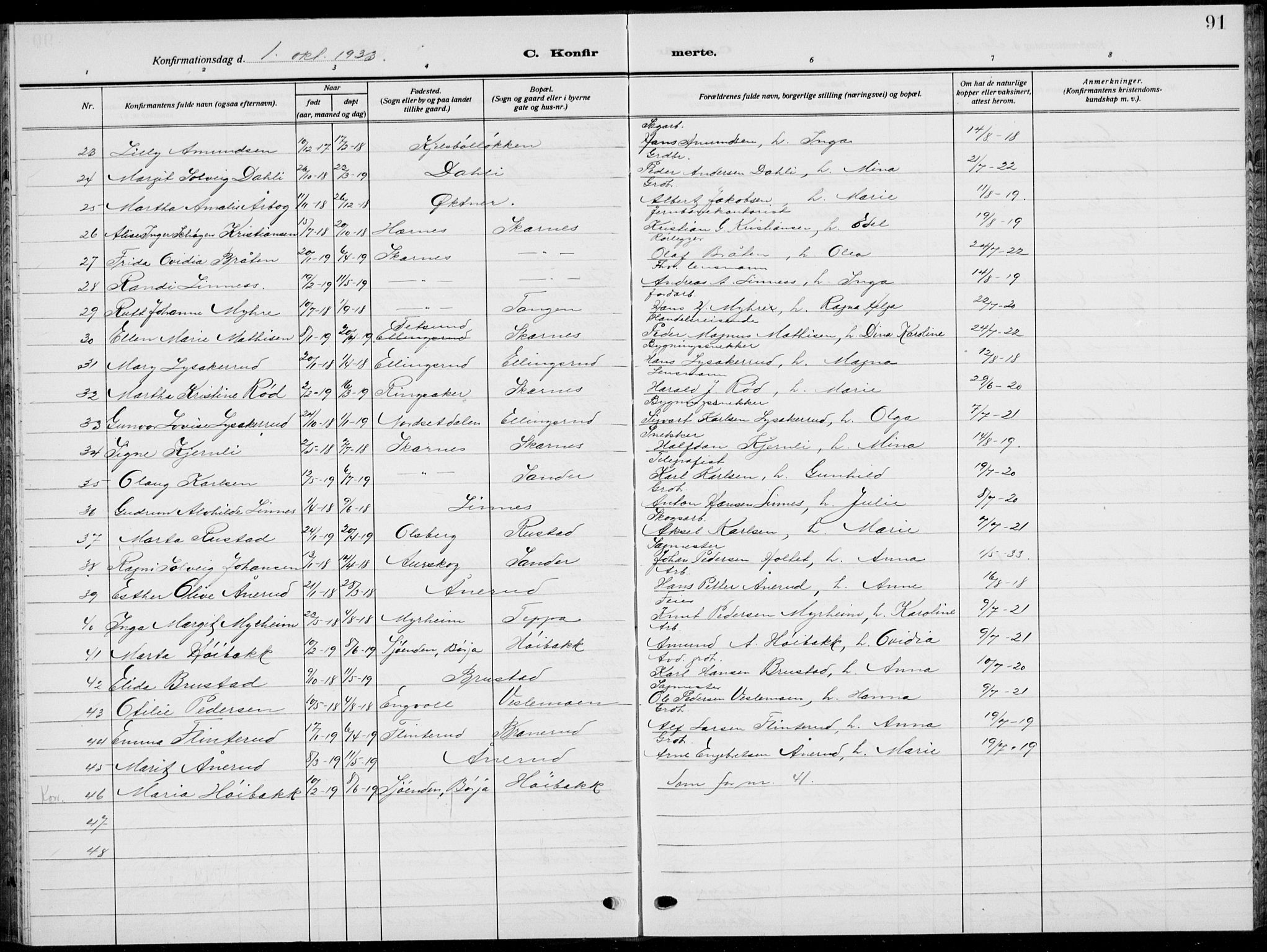 Sør-Odal prestekontor, SAH/PREST-030/H/Ha/Hab/L0011: Parish register (copy) no. 11, 1922-1939, p. 91