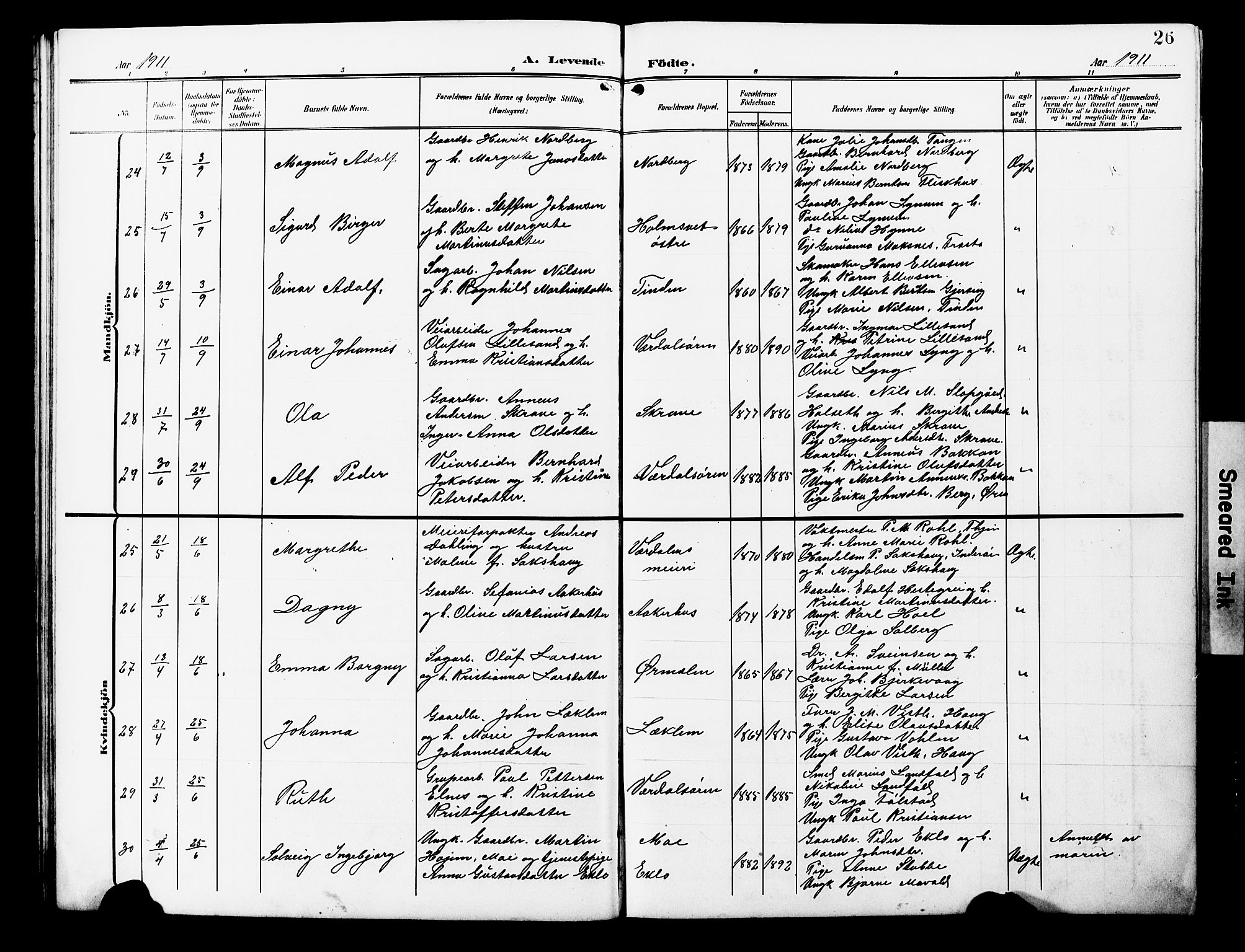 Ministerialprotokoller, klokkerbøker og fødselsregistre - Nord-Trøndelag, SAT/A-1458/723/L0258: Parish register (copy) no. 723C06, 1908-1927, p. 26