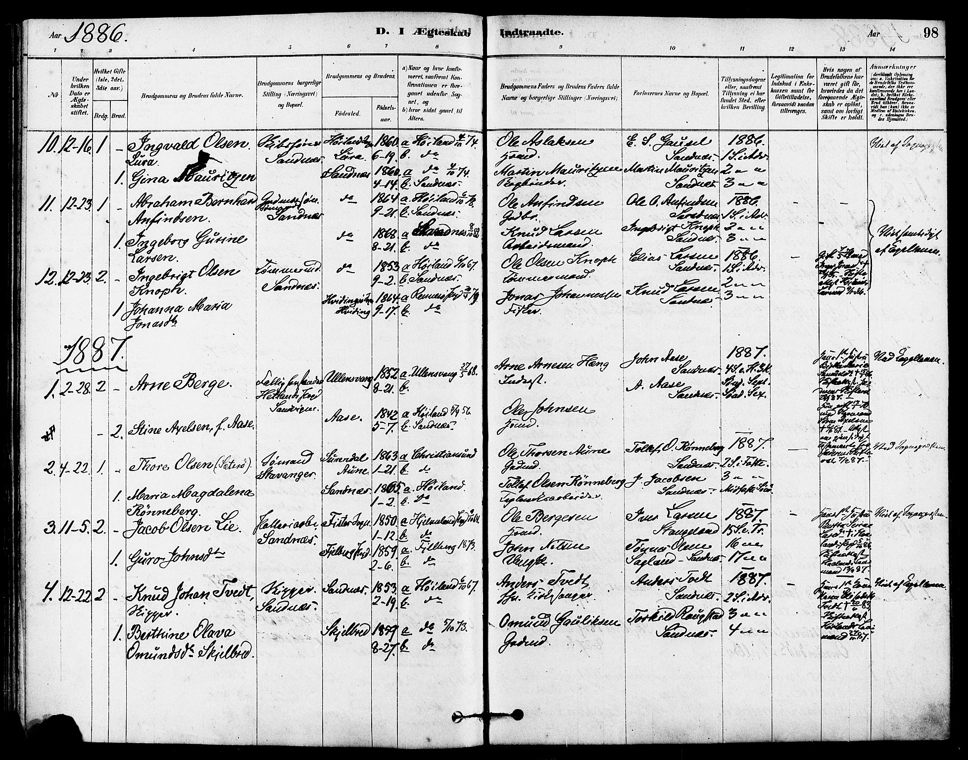 Høyland sokneprestkontor, SAST/A-101799/001/30BA/L0012: Parish register (official) no. A 11, 1878-1889, p. 98