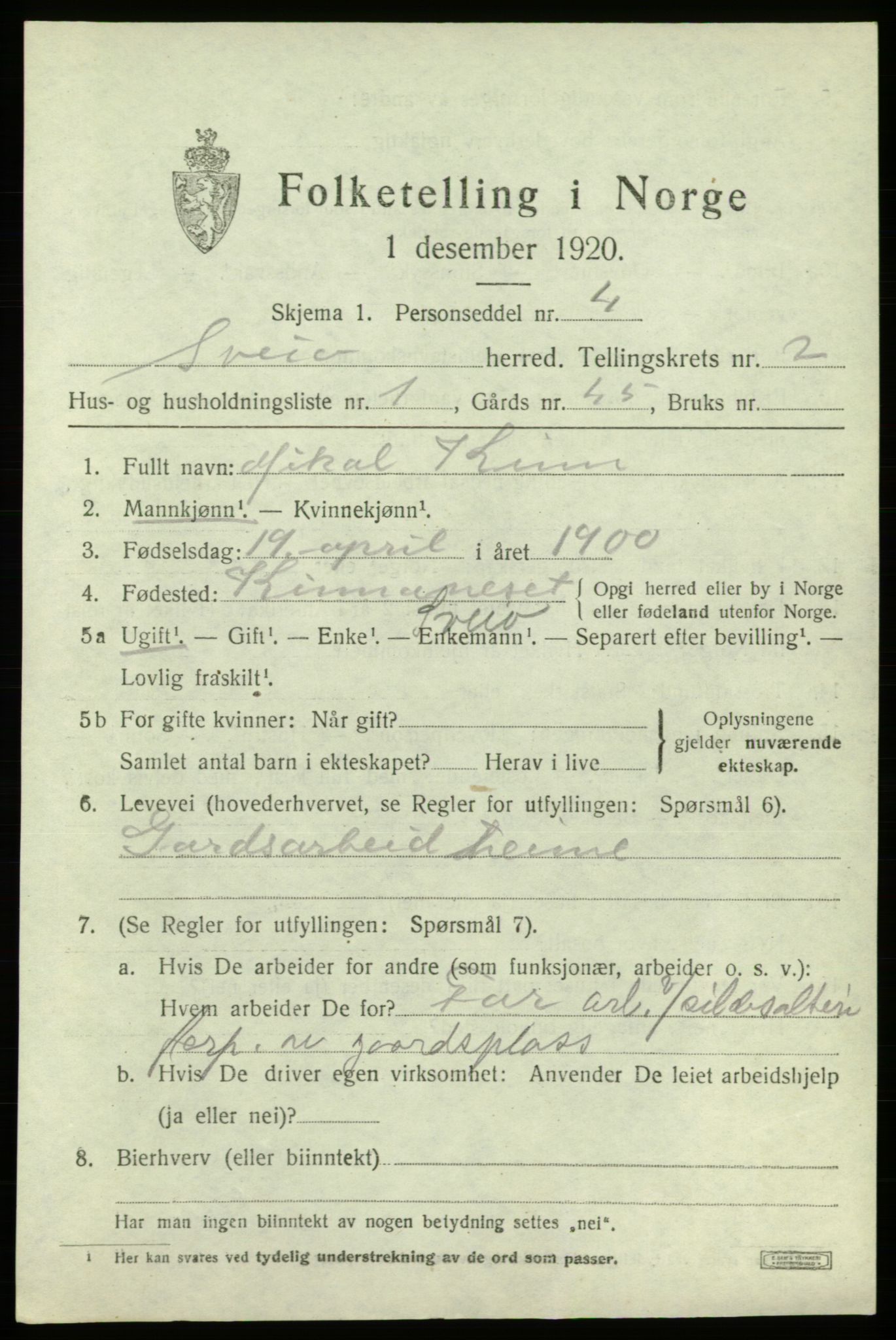 SAB, 1920 census for Sveio, 1920, p. 1312