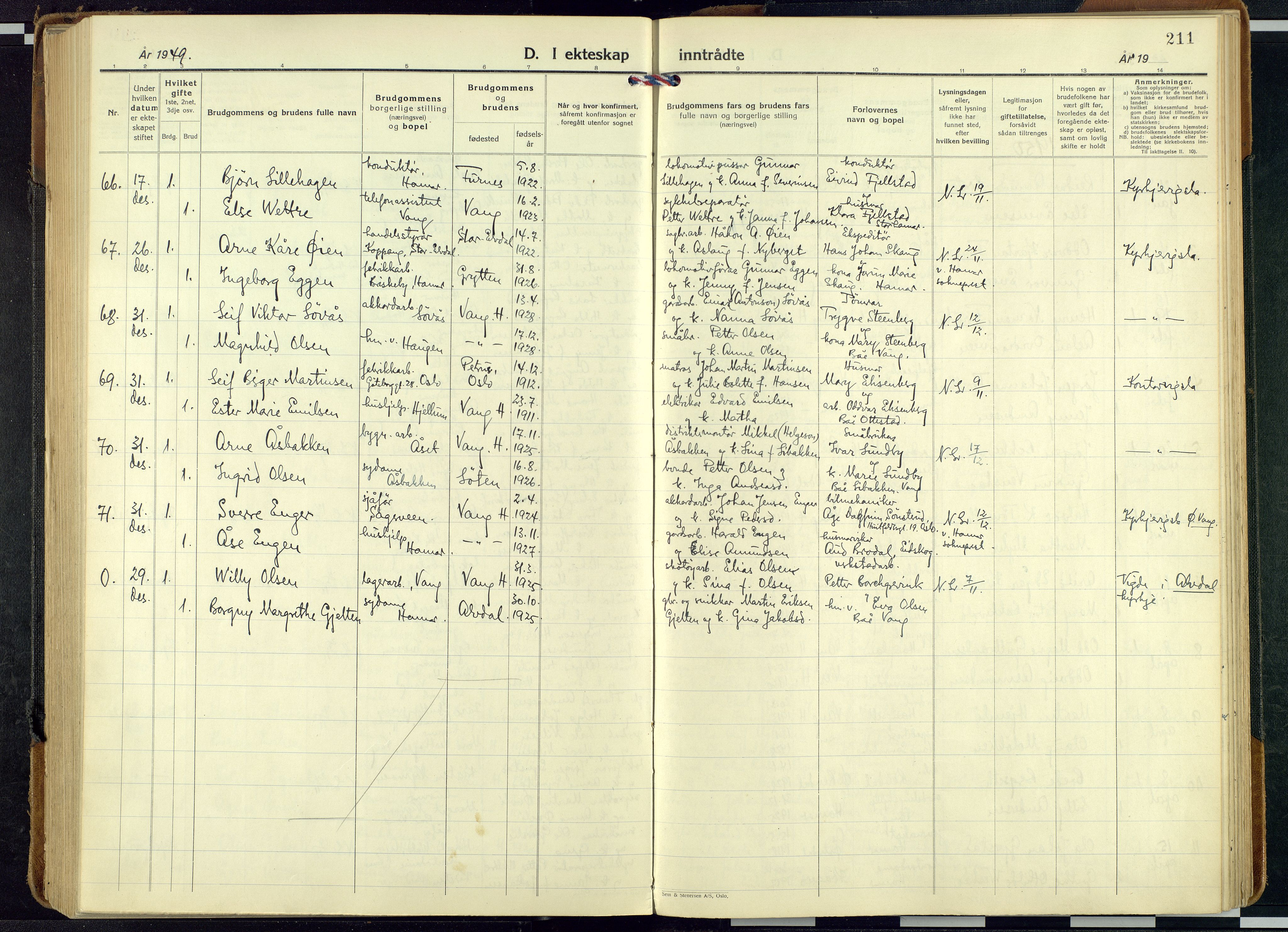 Vang prestekontor, Hedmark, AV/SAH-PREST-008/H/Ha/Haa/L0024: Parish register (official) no. 24, 1941-1967, p. 211