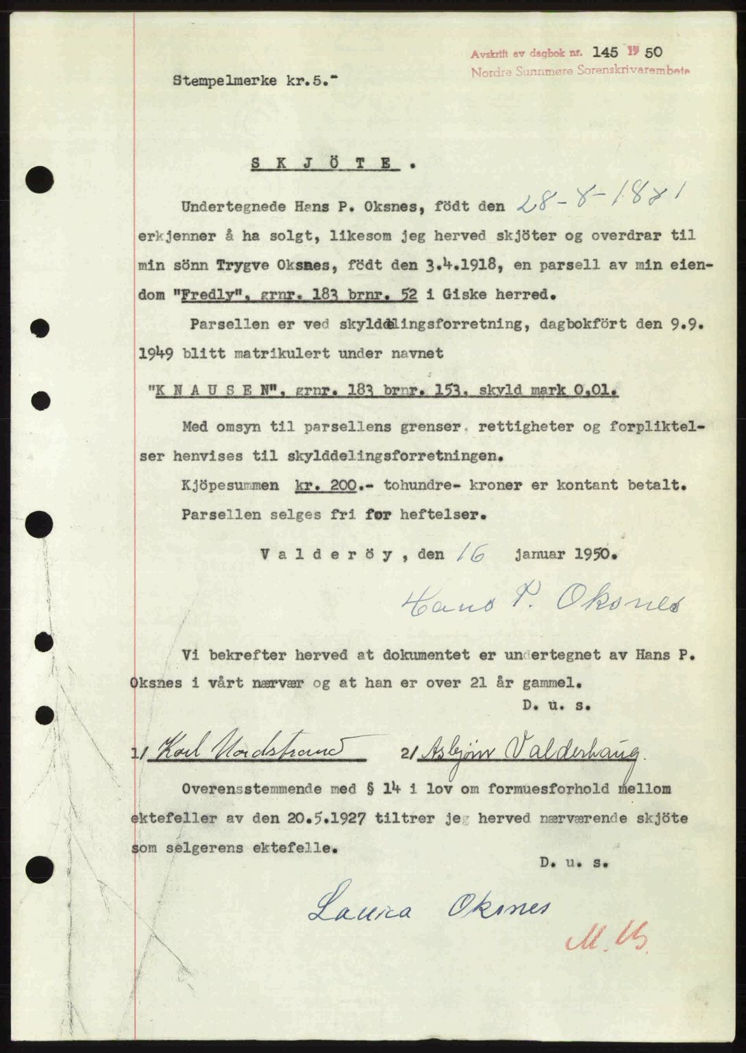 Nordre Sunnmøre sorenskriveri, AV/SAT-A-0006/1/2/2C/2Ca: Mortgage book no. A33, 1949-1950, Diary no: : 145/1950