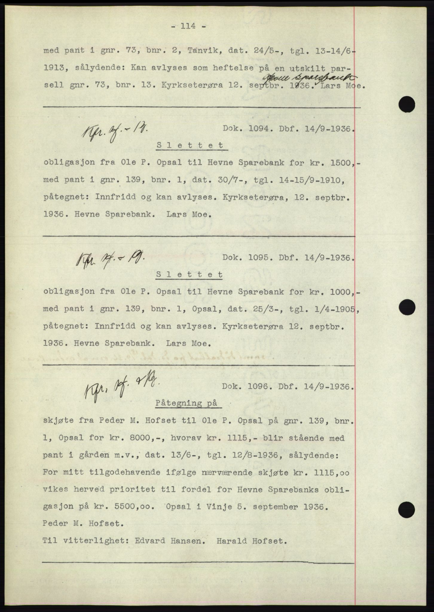Hitra sorenskriveri, AV/SAT-A-0018/2/2C/2Ca: Mortgage book no. C1, 1936-1945, Diary no: : 1094/1936