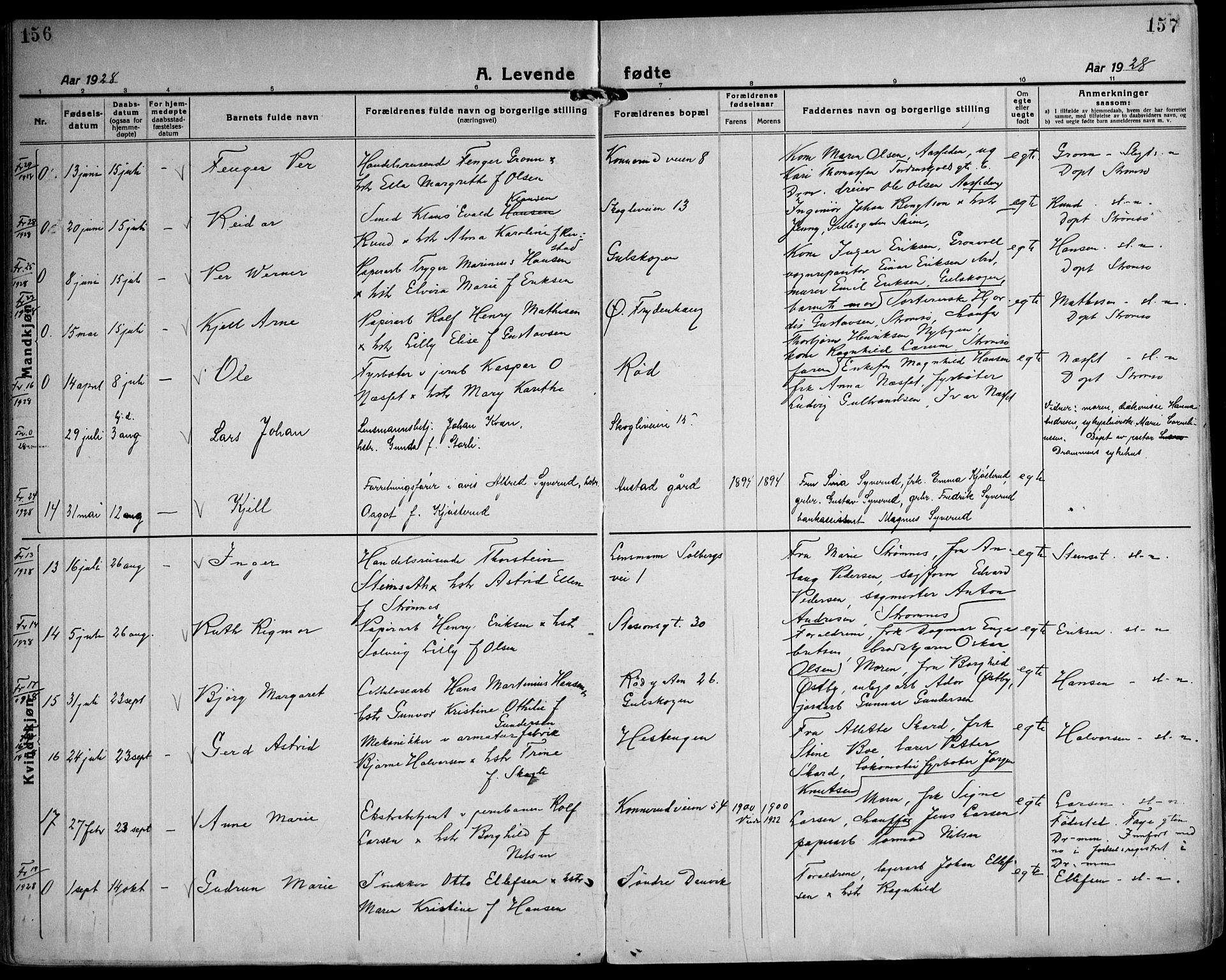 Strømsgodset kirkebøker, AV/SAKO-A-324/F/Fa/L0003: Parish register (official) no. 3, 1920-1936, p. 156-157