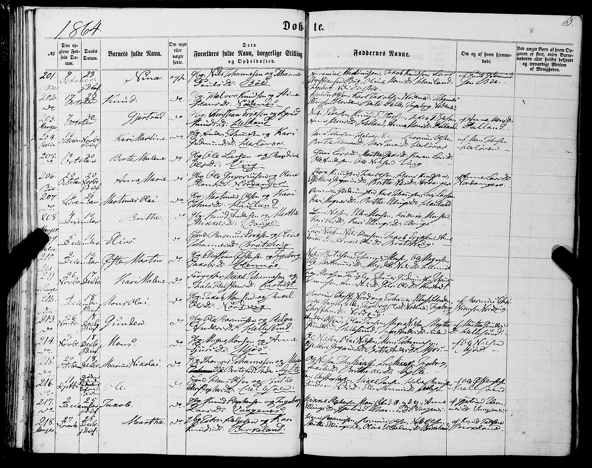 Manger sokneprestembete, AV/SAB-A-76801/H/Haa: Parish register (official) no. A 7, 1860-1870, p. 65