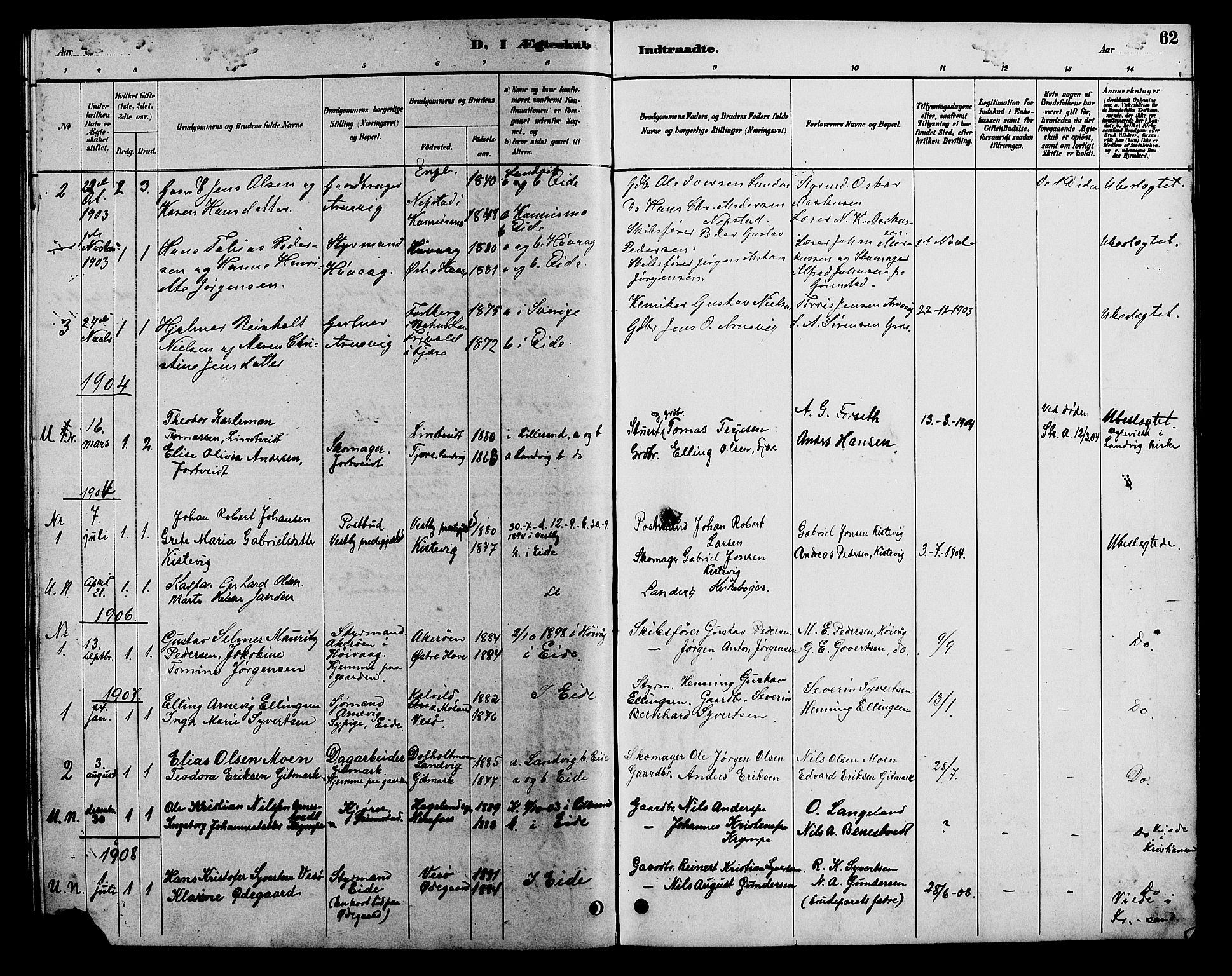 Hommedal sokneprestkontor, AV/SAK-1111-0023/F/Fb/Fba/L0004: Parish register (copy) no. B 4, 1885-1908, p. 62