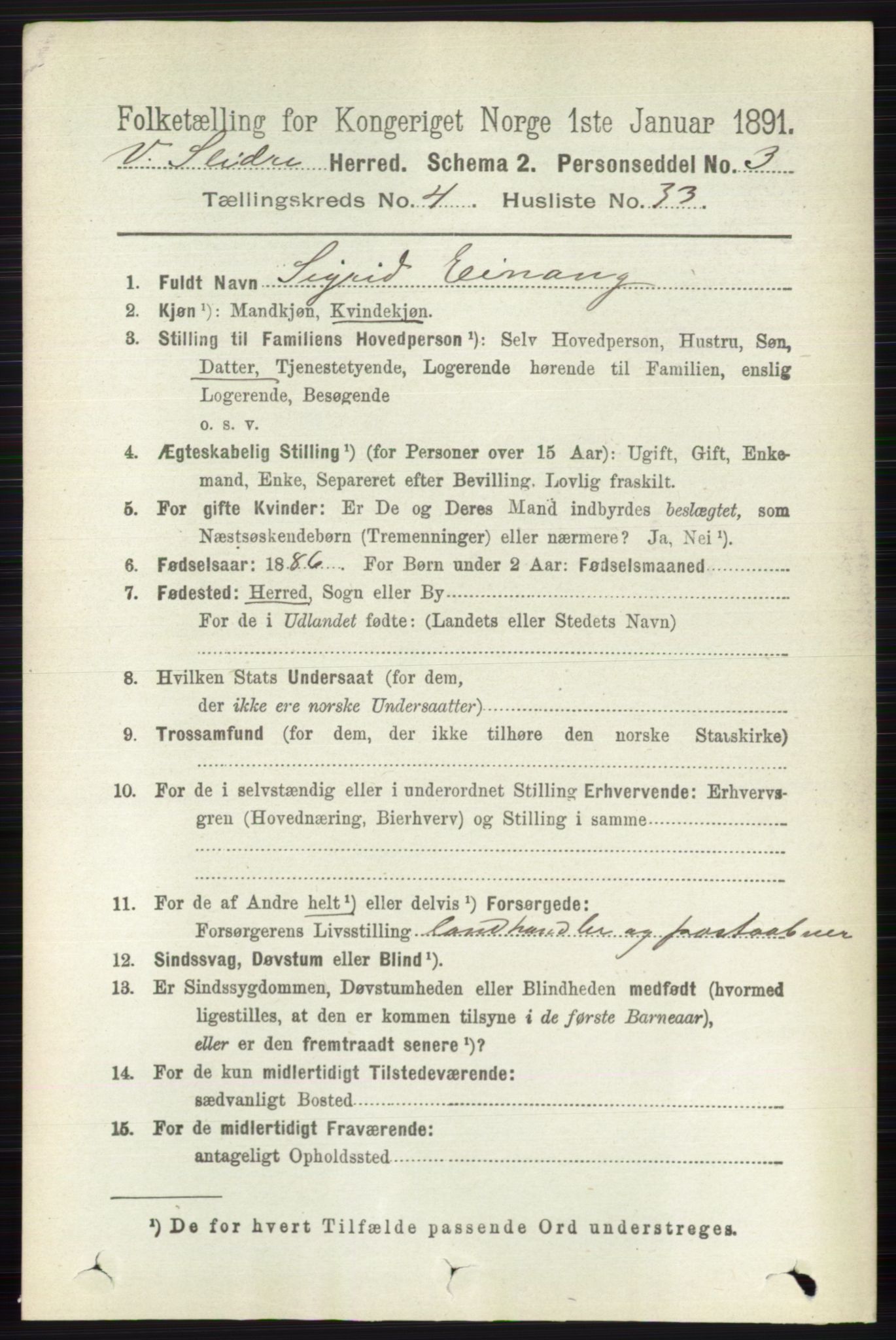 RA, 1891 census for 0543 Vestre Slidre, 1891, p. 1445