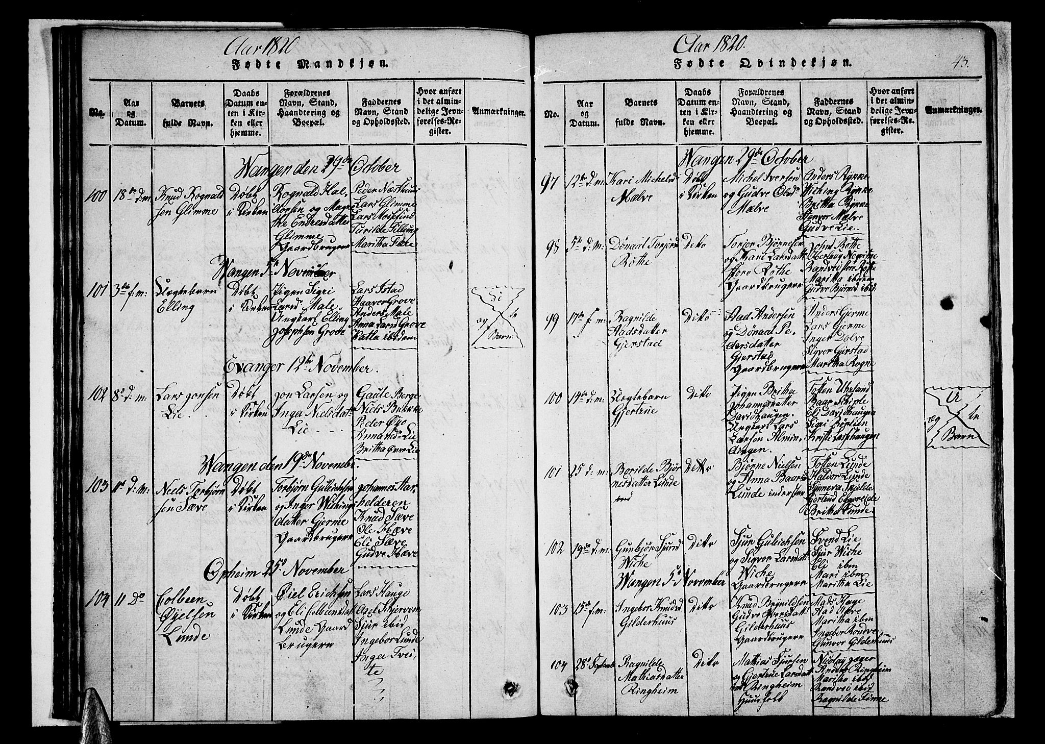 Voss sokneprestembete, SAB/A-79001/H/Haa: Parish register (official) no. A 11, 1816-1827, p. 43