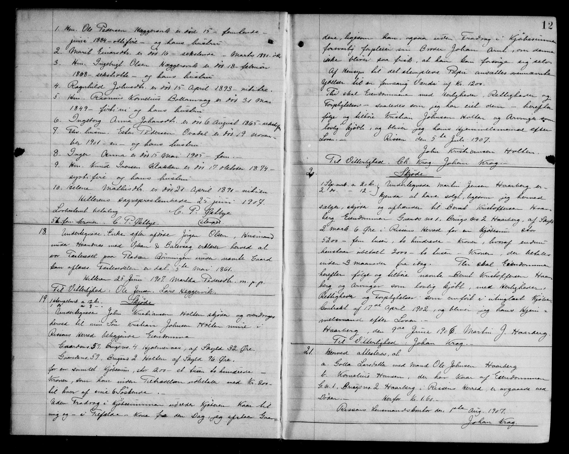 Fosen sorenskriveri, AV/SAT-A-1107/1/2/2C/L0041: Mortgage book no. 32, 1907-1908, p. 12