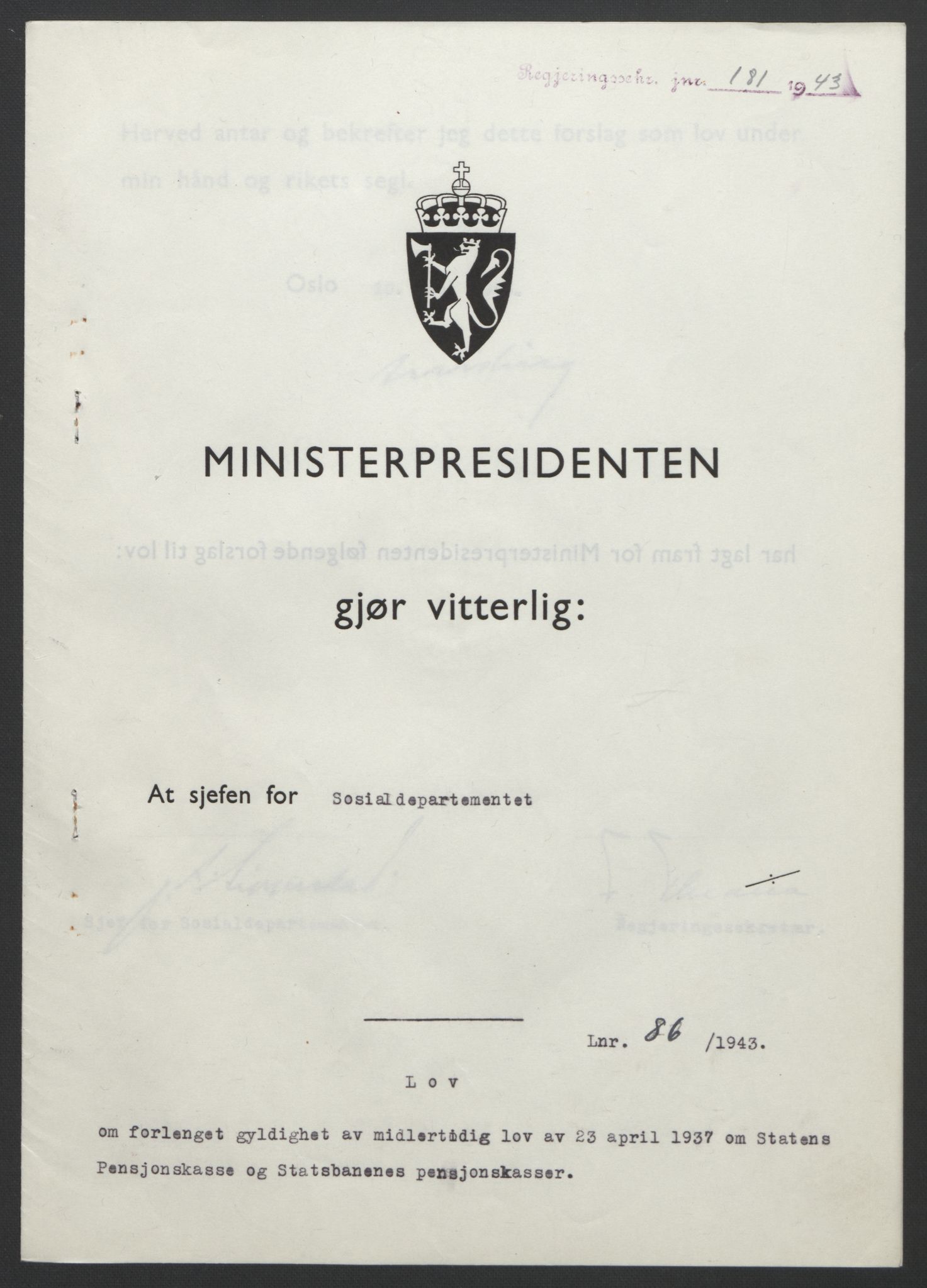 NS-administrasjonen 1940-1945 (Statsrådsekretariatet, de kommisariske statsråder mm), RA/S-4279/D/Db/L0099: Lover, 1943, p. 392