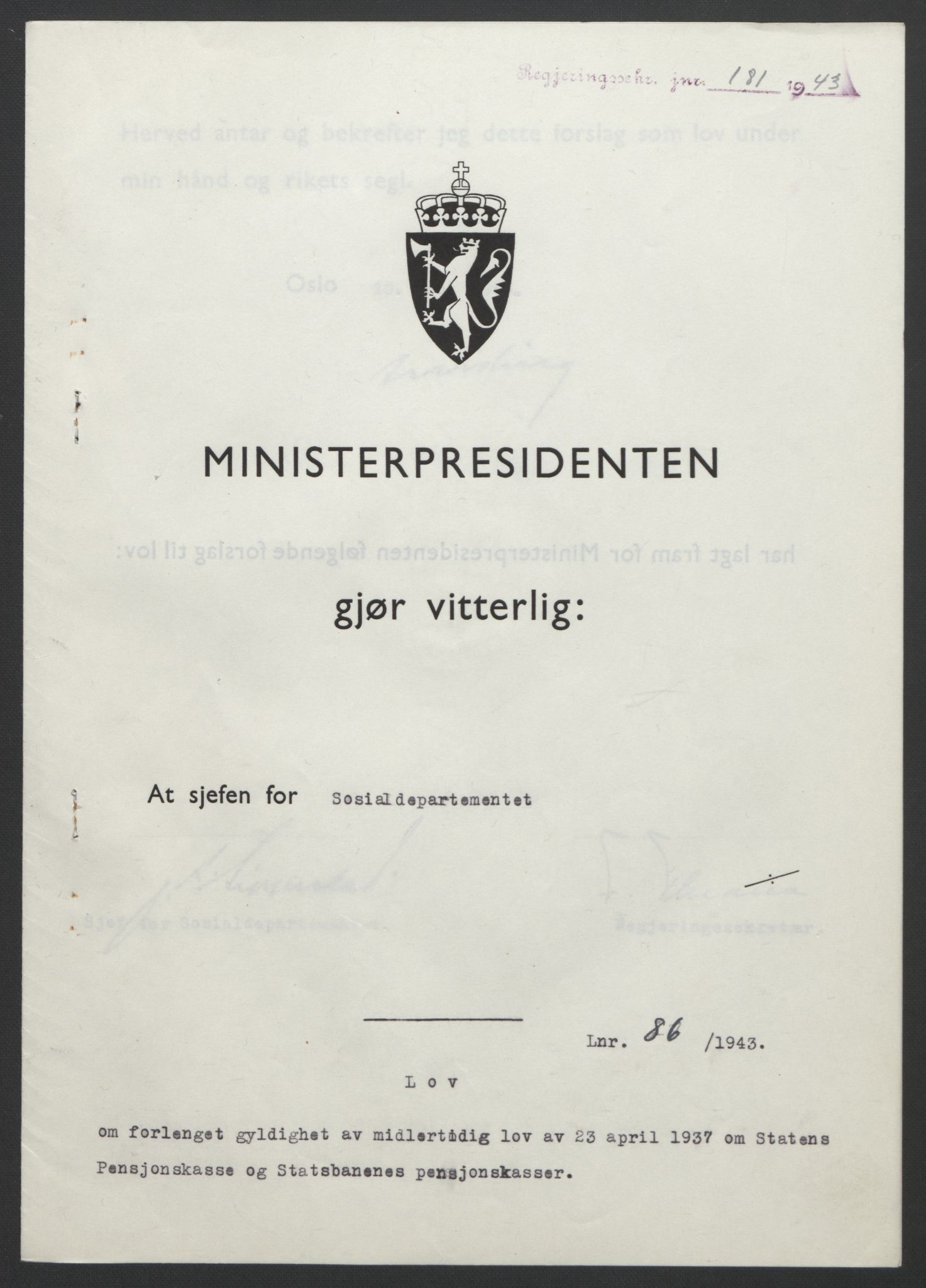 NS-administrasjonen 1940-1945 (Statsrådsekretariatet, de kommisariske statsråder mm), AV/RA-S-4279/D/Db/L0099: Lover, 1943, p. 392