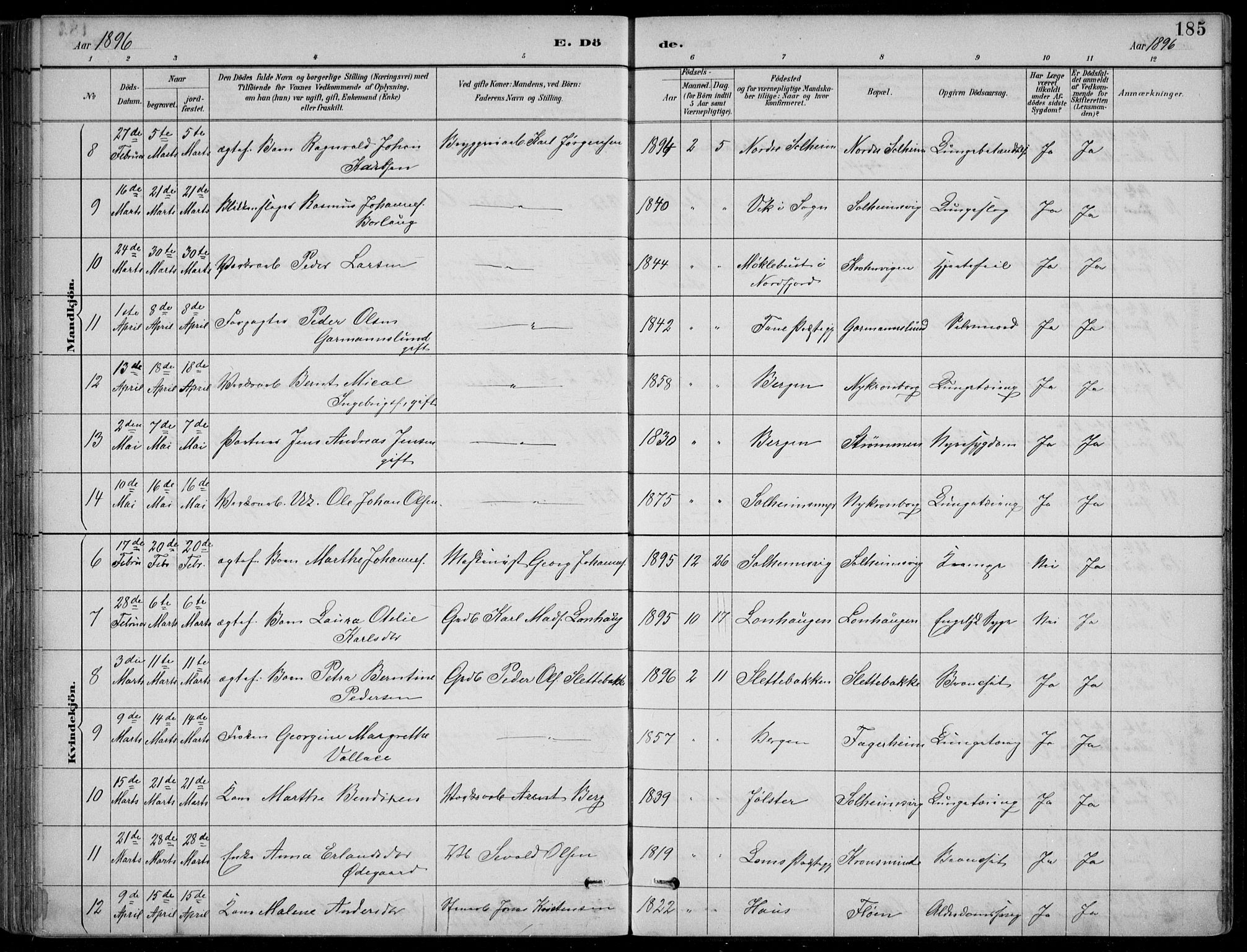 Årstad Sokneprestembete, AV/SAB-A-79301/H/Hab/L0011: Parish register (copy) no. B 1, 1886-1901, p. 185