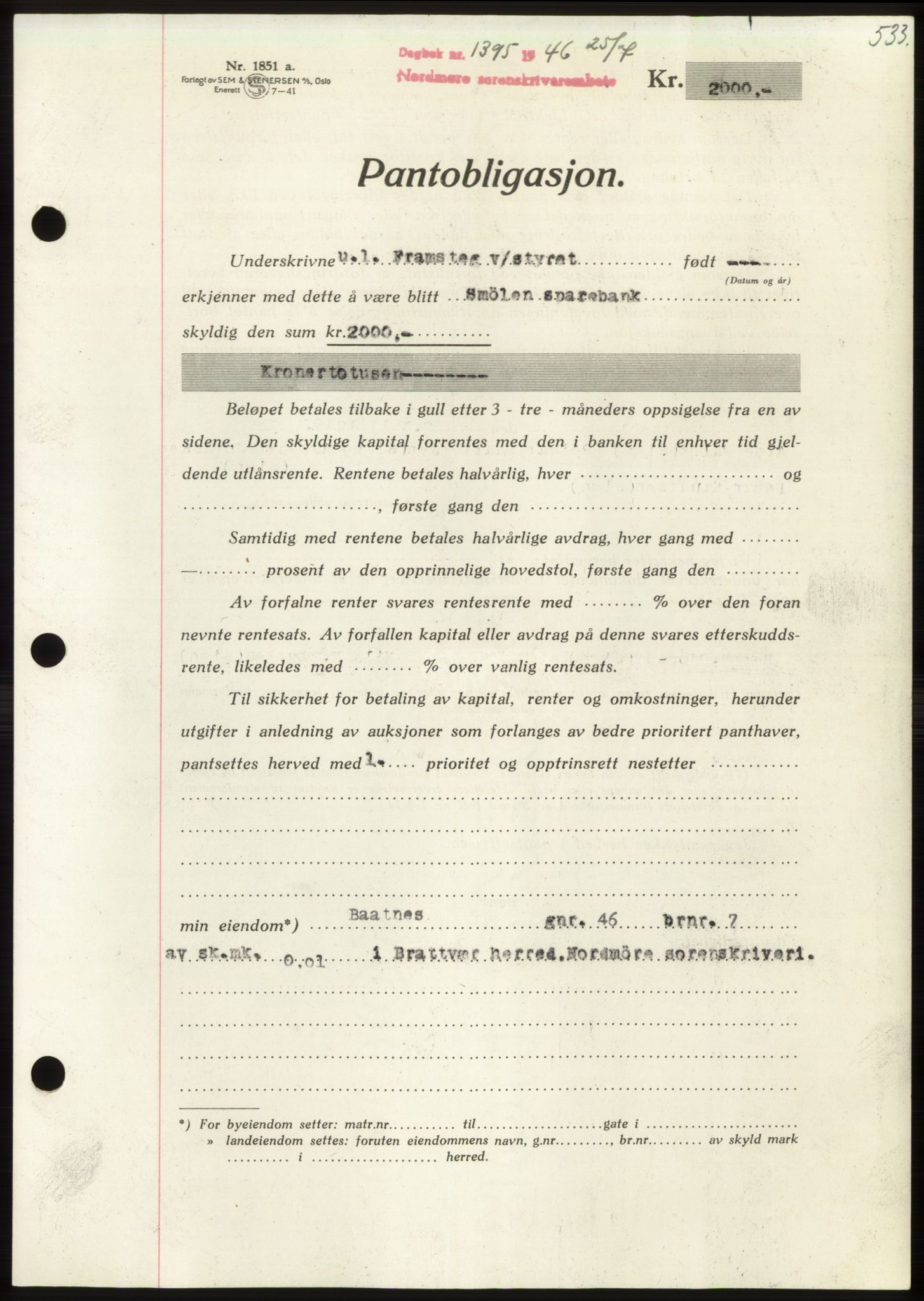 Nordmøre sorenskriveri, AV/SAT-A-4132/1/2/2Ca: Mortgage book no. B94, 1946-1946, Diary no: : 1395/1946