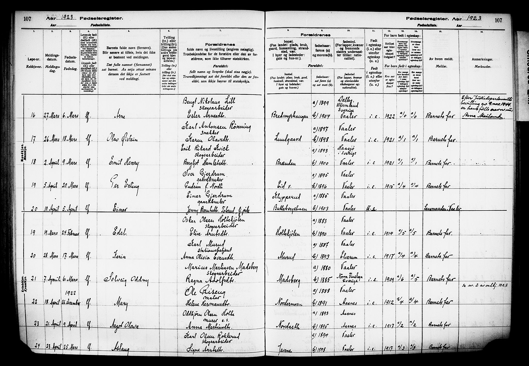 Våler prestekontor, Hedmark, AV/SAH-PREST-040/I/Id/L0001: Birth register no. 1, 1916-1930, p. 107