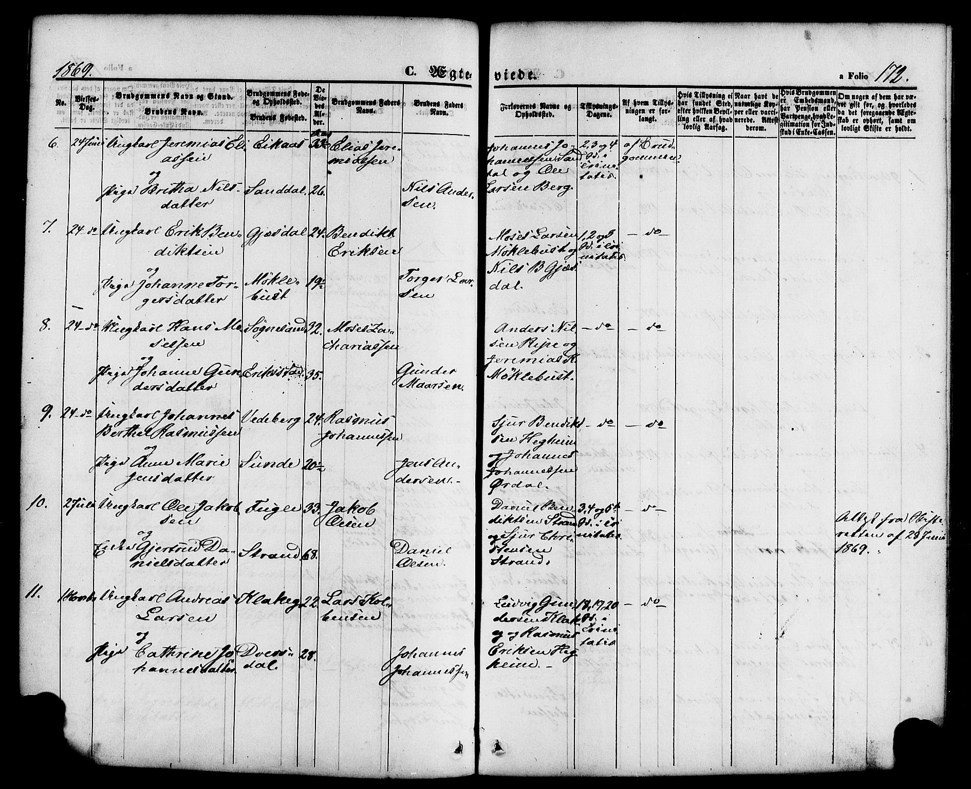 Jølster sokneprestembete, AV/SAB-A-80701/H/Haa/Haaa/L0011: Parish register (official) no. A 11, 1866-1881, p. 172