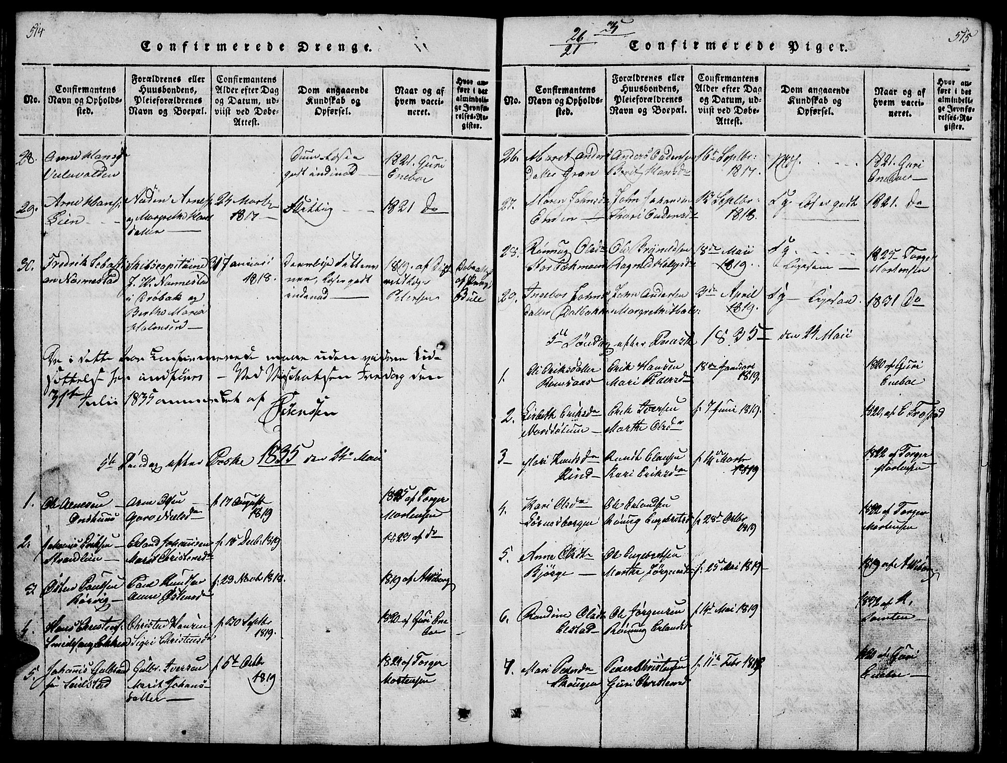 Ringebu prestekontor, SAH/PREST-082/H/Ha/Hab/L0001: Parish register (copy) no. 1, 1821-1839, p. 514-515