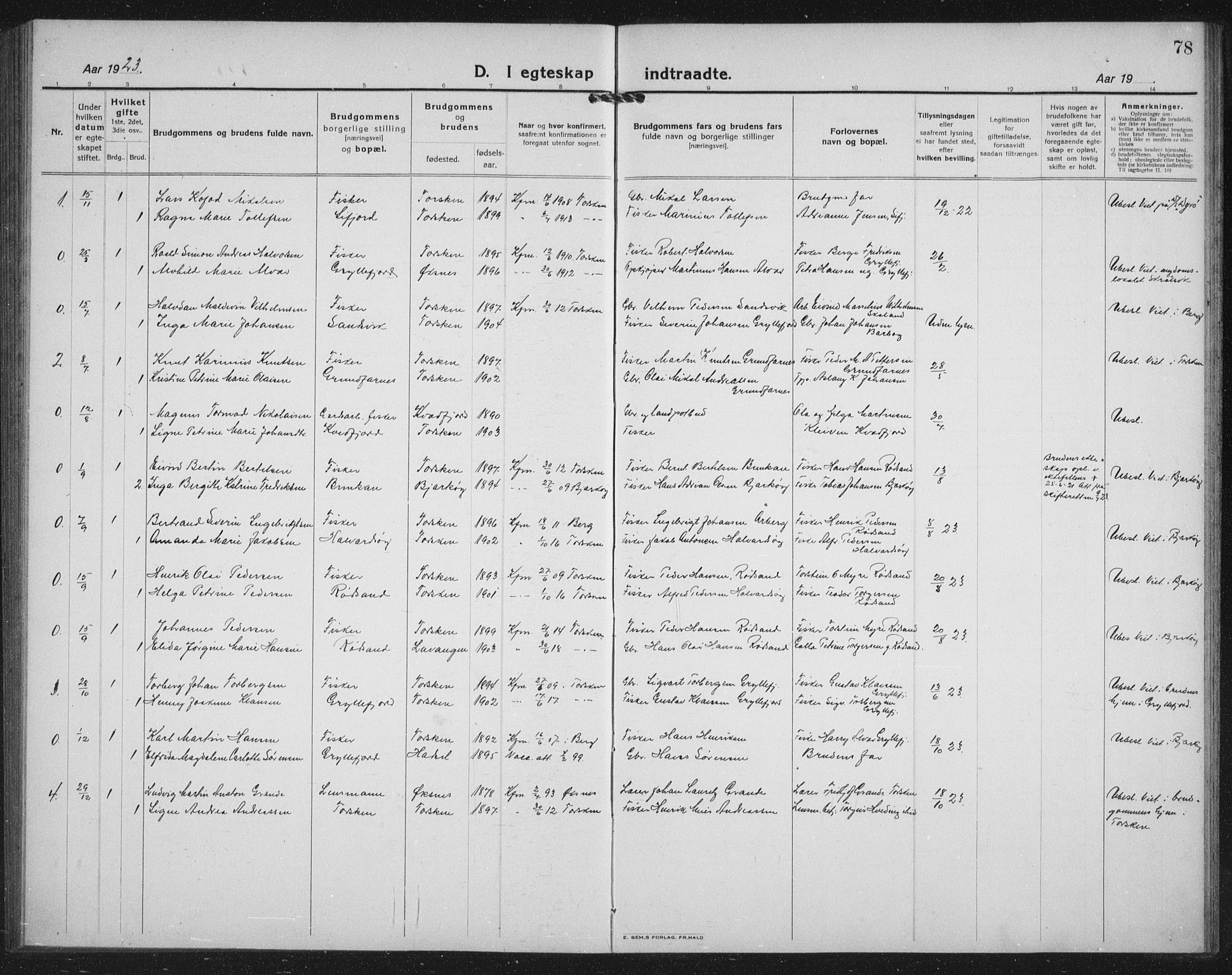 Berg sokneprestkontor, AV/SATØ-S-1318/G/Ga/Gab/L0014klokker: Parish register (copy) no. 14, 1922-1933, p. 78