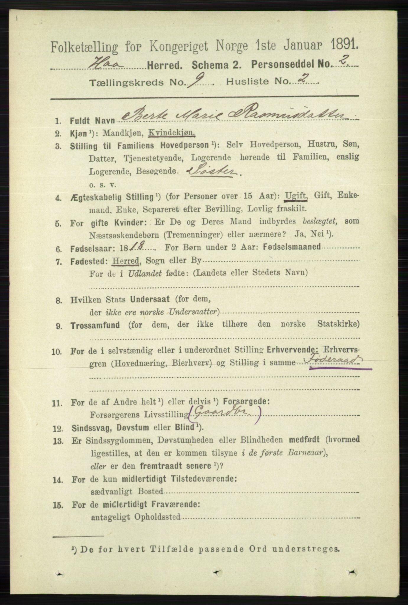 RA, 1891 census for 1119 Hå, 1891, p. 2201