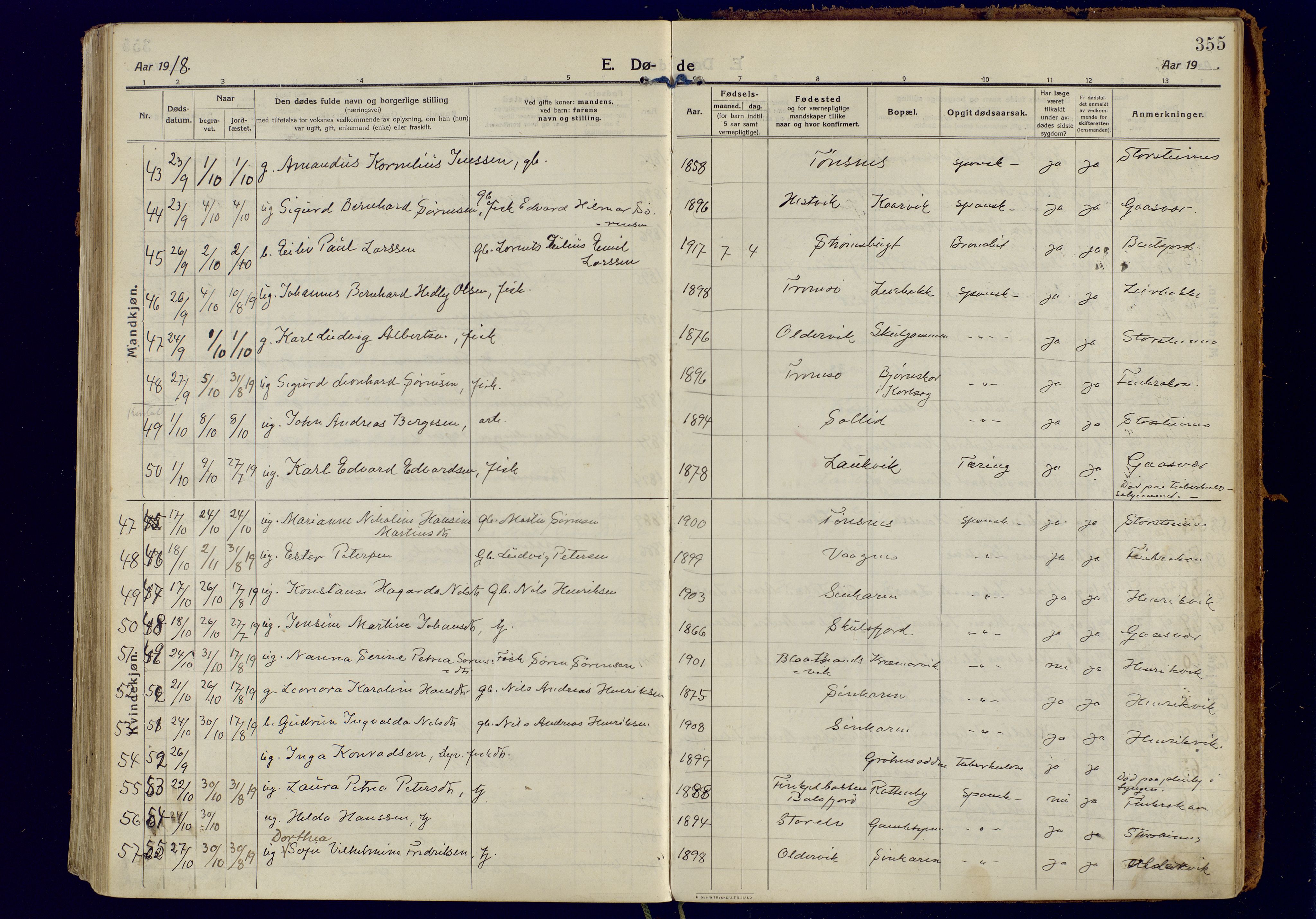 Tromsøysund sokneprestkontor, AV/SATØ-S-1304/G/Ga/L0008kirke: Parish register (official) no. 8, 1914-1922, p. 355