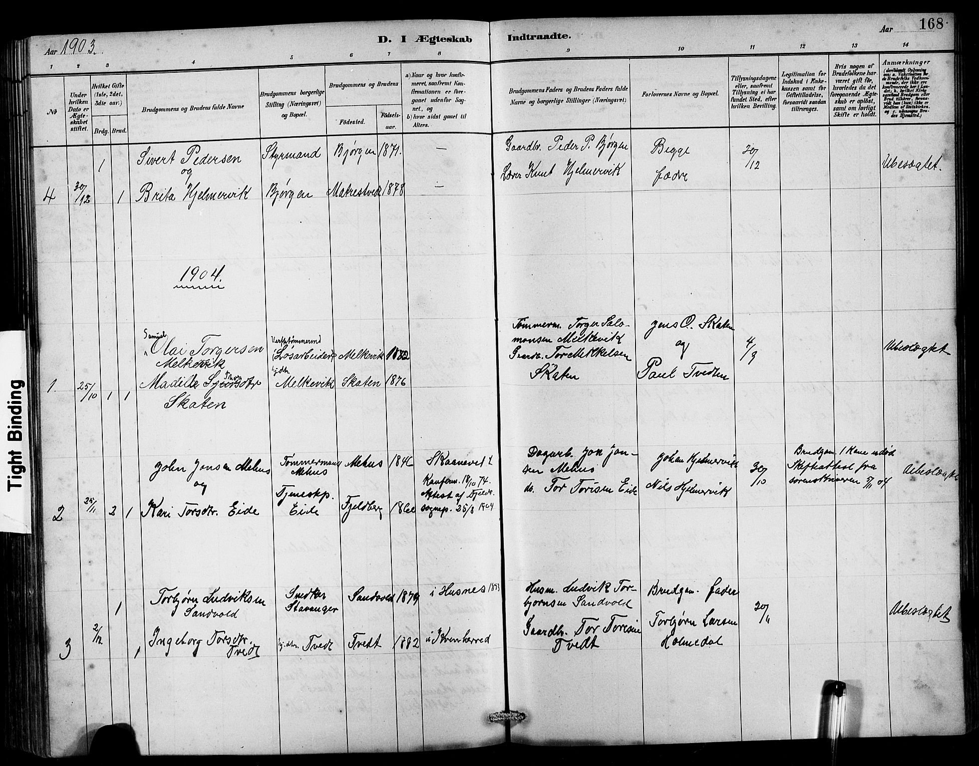 Husnes Sokneprestembete, AV/SAB-A-75901/H/Hab: Parish register (copy) no. B 2, 1884-1914, p. 168
