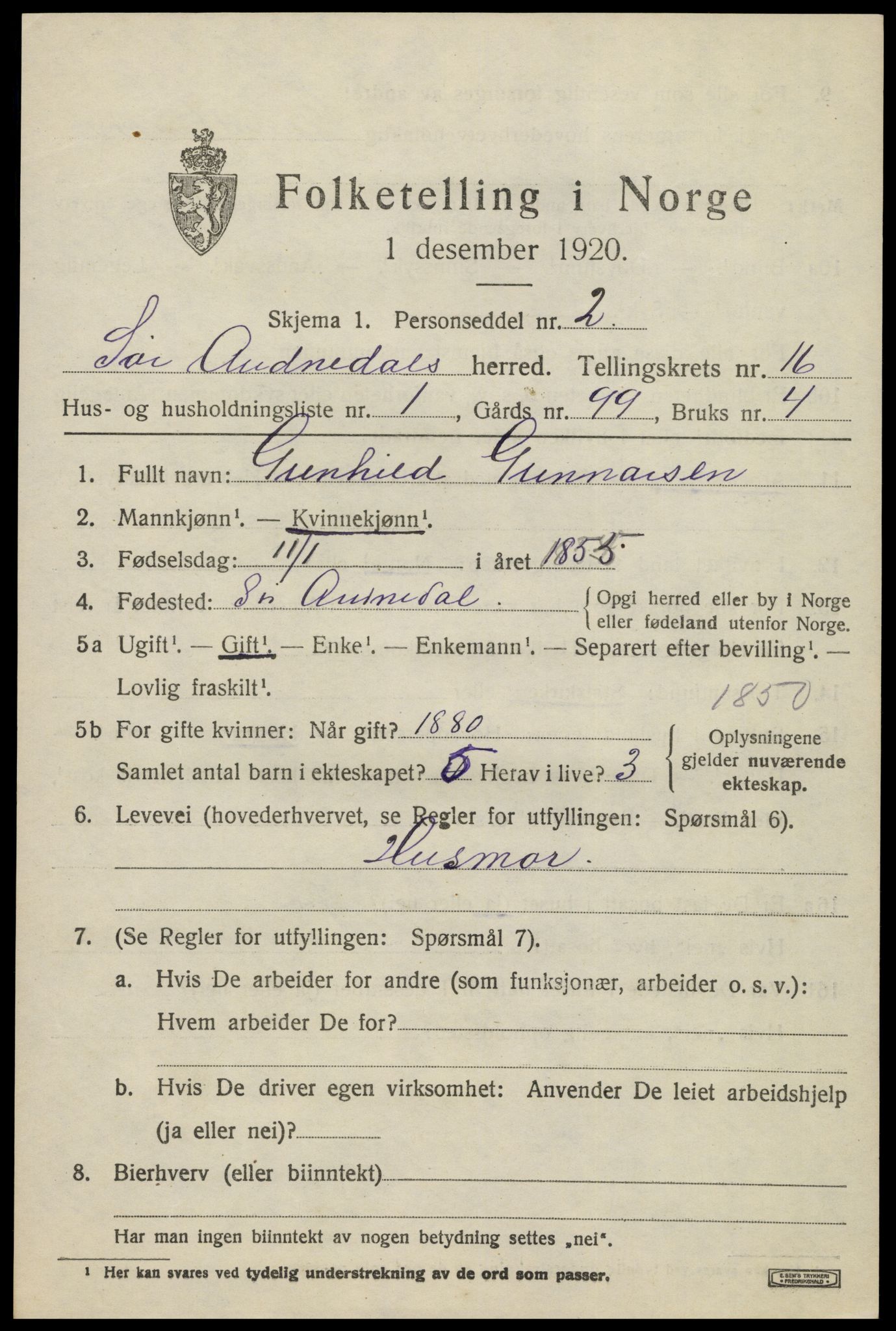 SAK, 1920 census for Sør-Audnedal, 1920, p. 5925