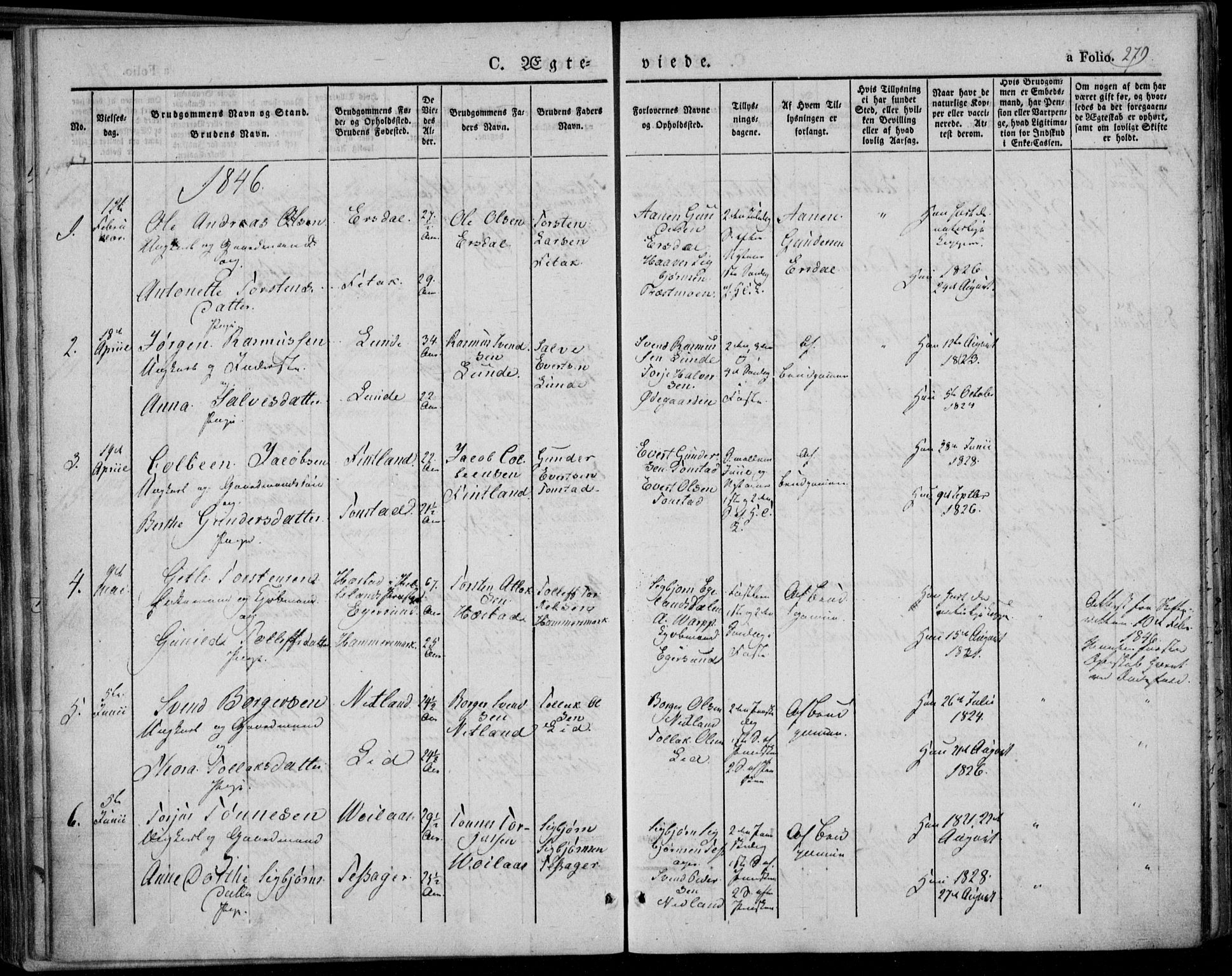 Bakke sokneprestkontor, SAK/1111-0002/F/Fa/Faa/L0004: Parish register (official) no. A 4, 1834-1846, p. 279