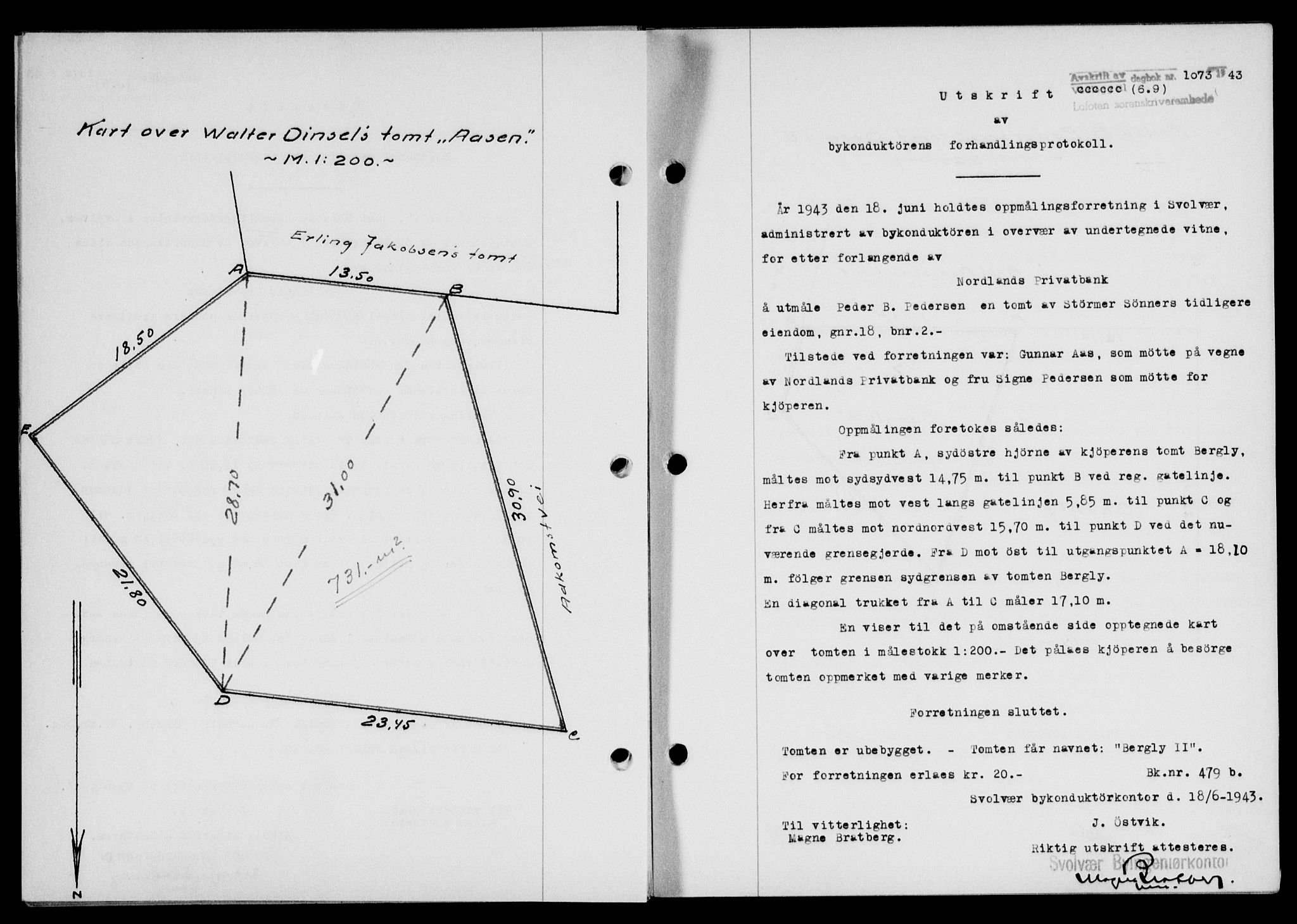 Lofoten sorenskriveri, SAT/A-0017/1/2/2C/L0011a: Mortgage book no. 11a, 1943-1943, Diary no: : 1073/1943