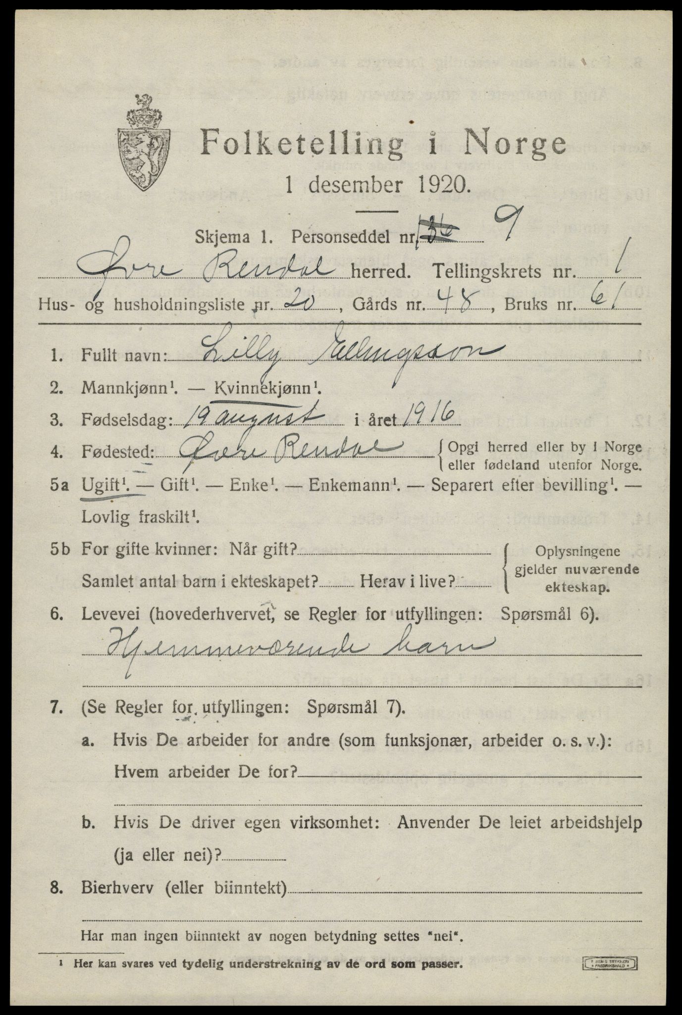 SAH, 1920 census for Øvre Rendal, 1920, p. 927