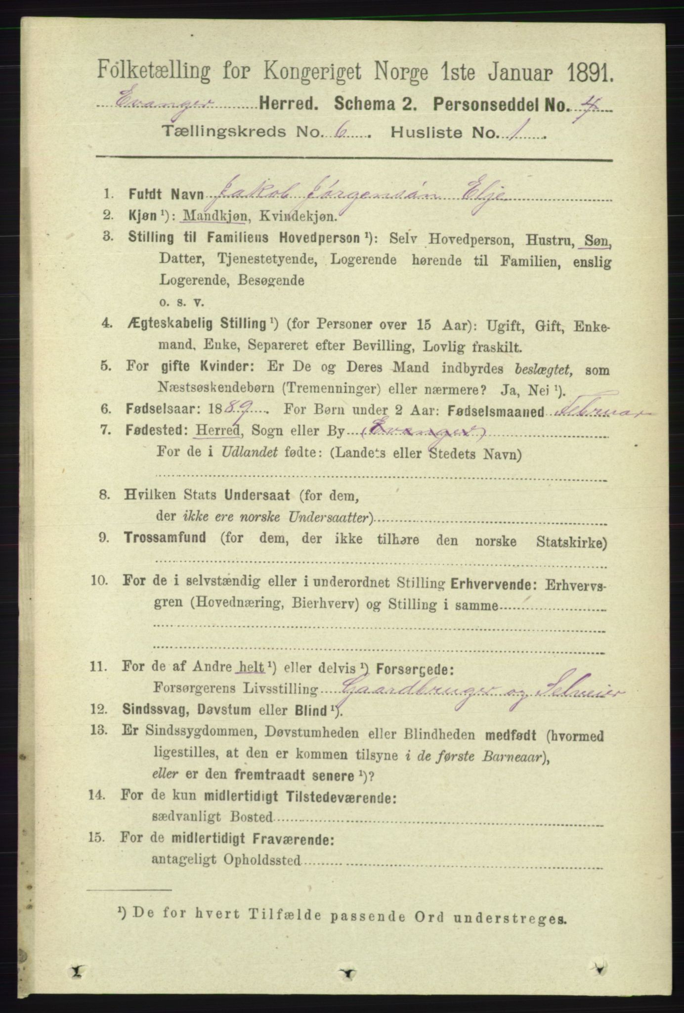 RA, 1891 census for 1237 Evanger, 1891, p. 1615