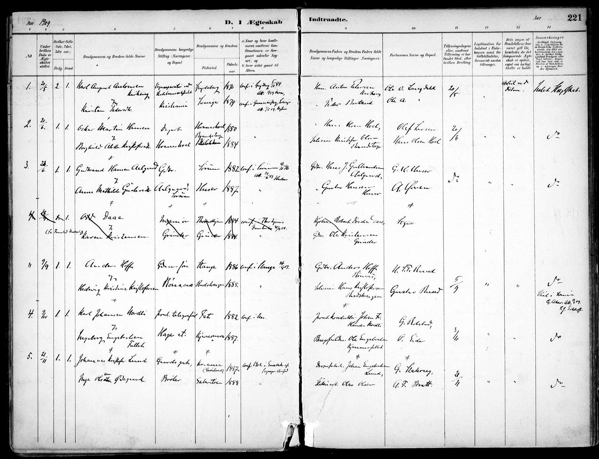 Nes prestekontor Kirkebøker, SAO/A-10410/F/Fc/L0002: Parish register (official) no. IIi 2, 1882-1916, p. 221