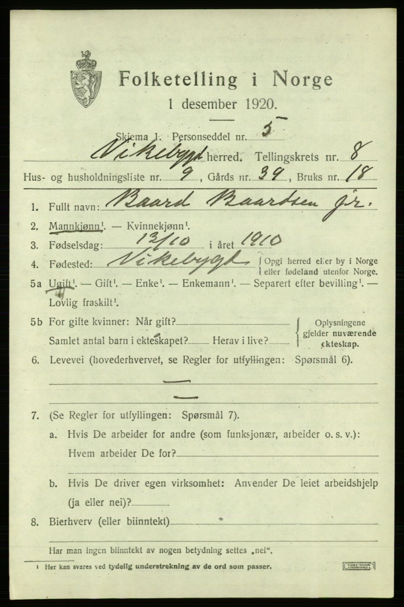 SAB, 1920 census for Vikebygd, 1920, p. 2775