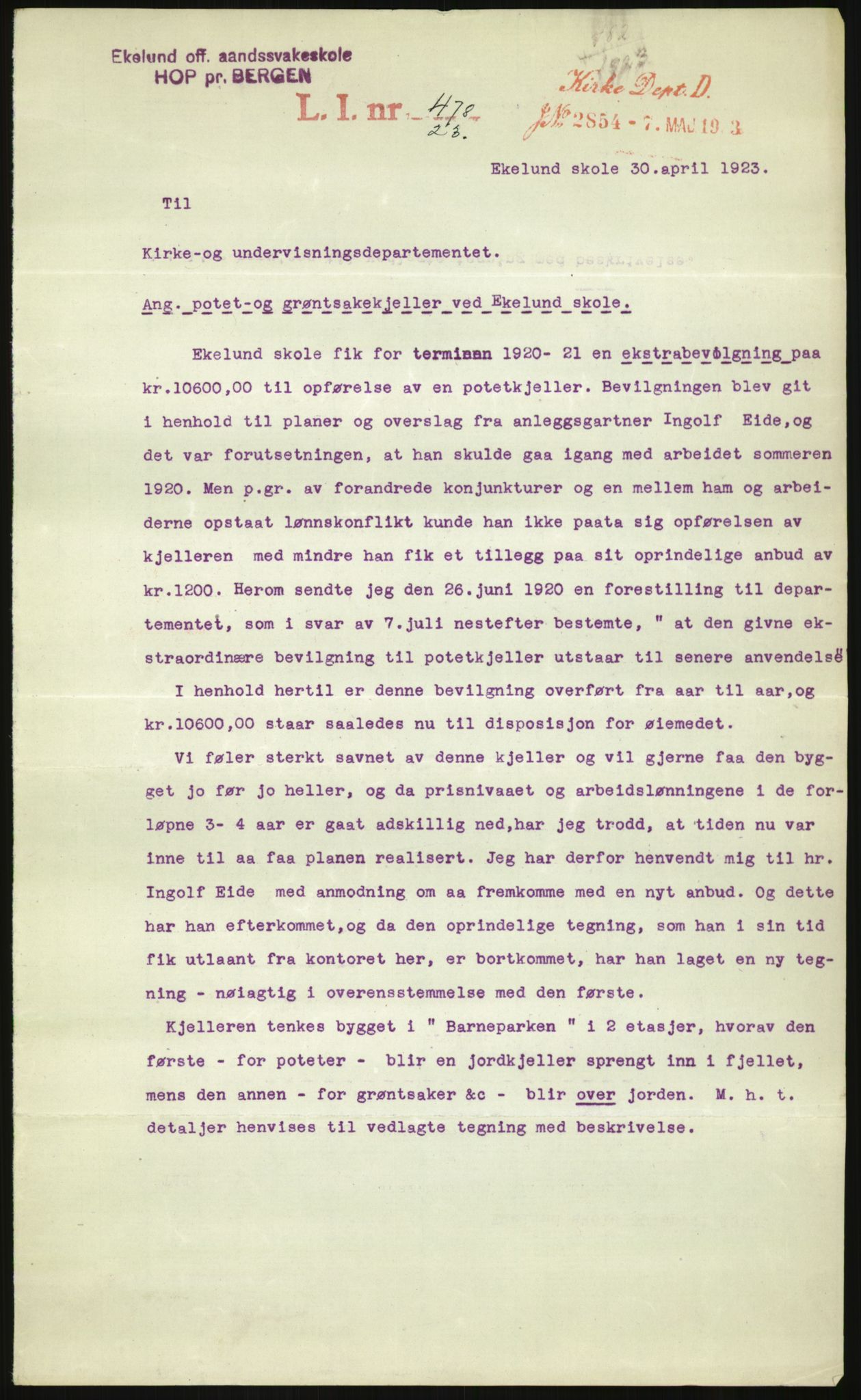 Kirke- og undervisningsdepartementet, 1. skolekontor D, RA/S-1021/F/Fh/Fhr/L0098: Eikelund off. skole for evneveike, 1897-1947, p. 75